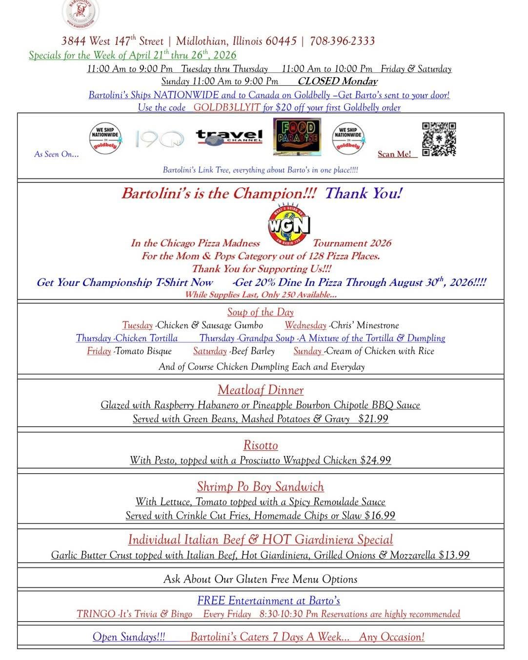 New week. 
New specials. 
Same reason to skip cooking.

Fresh features, bold flavors, handcrafted favorites, and the kind of meals that make Monday feel a whole lot better. 
Whether you&rsquo;re craving pizza, pasta, comfort food, or something you di