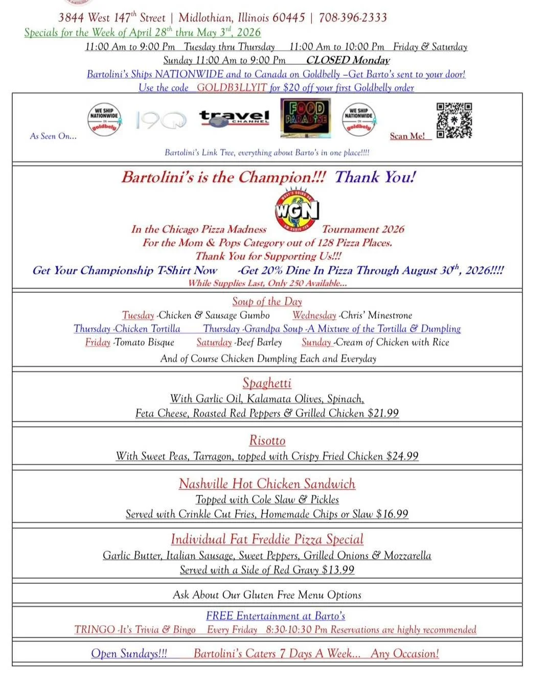 Plot twist: cooking tonight is canceled. 😏

New week, new specials at Bartolini&rsquo;s Restaurant &amp; Catering.
Your kitchen deserves the night off.

Come hungry. 
We&rsquo;ll handle the rest. 🍕