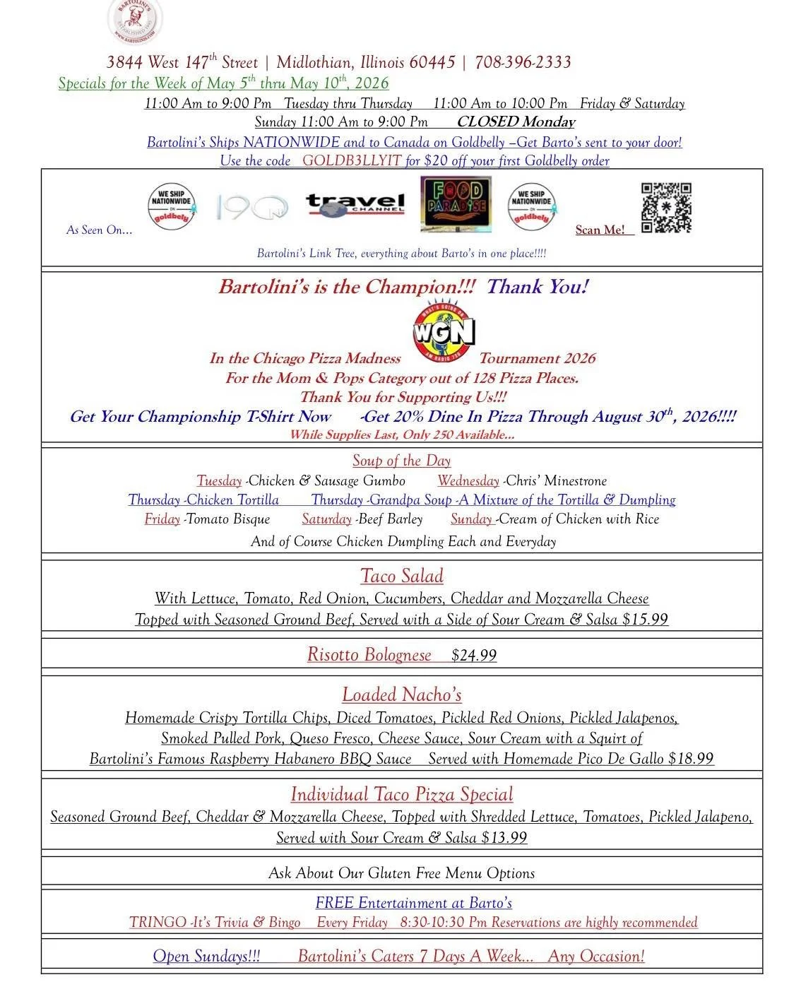 New week, new specials&hellip; 
and this week we&rsquo;re a little out of character 

Cinco de Mayo walked in and we said&hellip; yeah, we&rsquo;ll allow it.

Italian roots, but we&rsquo;re not afraid to turn up the heat and have a little fun with it