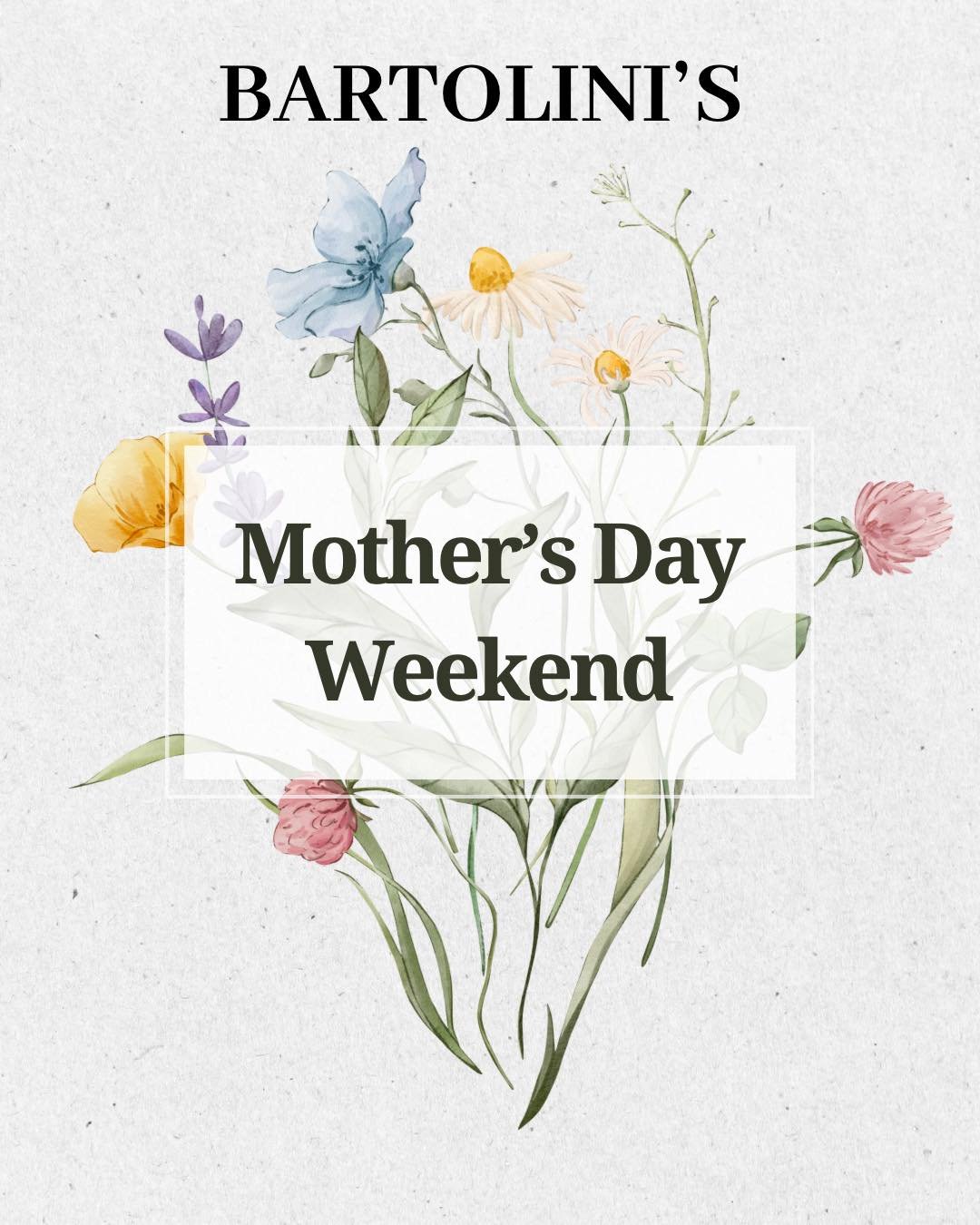 Mother&rsquo;s Day Weekend Starter Pack 

☀️ Beautiful weather
🍕 Pizza🍝 Pasta❤️ Mom not having to cook OR clean

Sounds like a win to us. 😏

Saturday is looking gorgeous, so why not start celebrating Mom a day early at Bartolini's?

Because let&rs