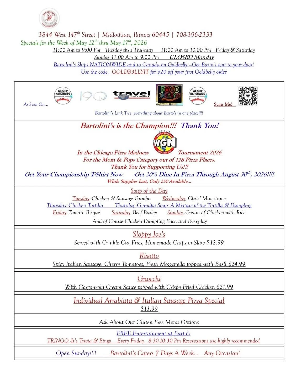 New week. New specials.
Simple. Delicious.
Only at Bartolini&rsquo;s￼ 🍕