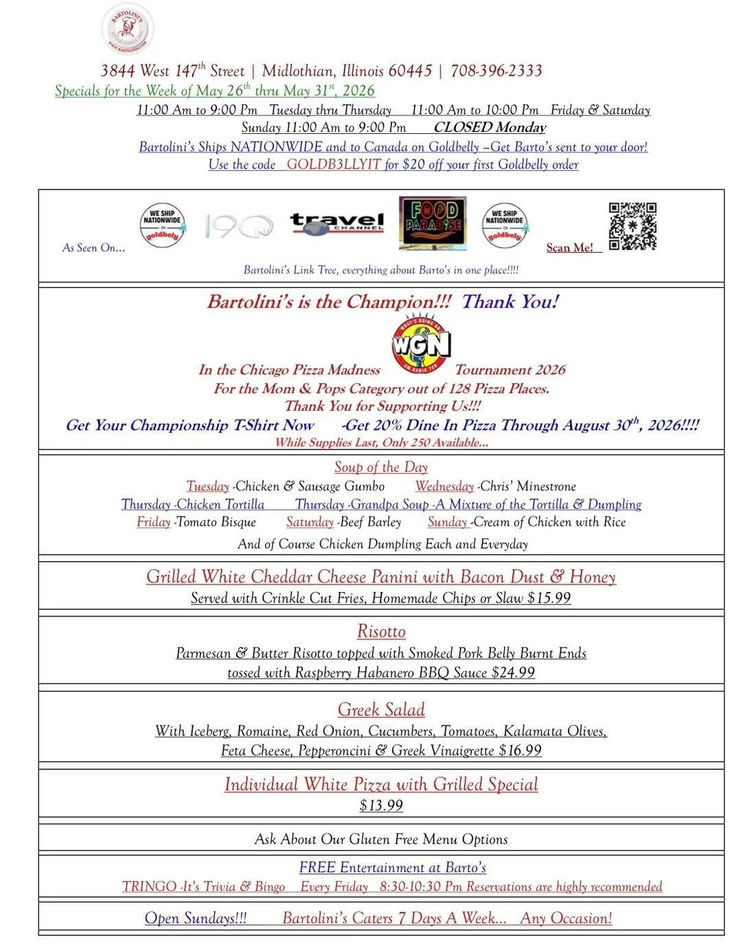 ☀️ New Week. New Specials. 
Last Week of May. 🍕

Patio season, cold drinks, pizza nights, and zero desire to cook. 😎

Make plans this week at Bartolini&rsquo;s and close out May the delicious way. 🍻