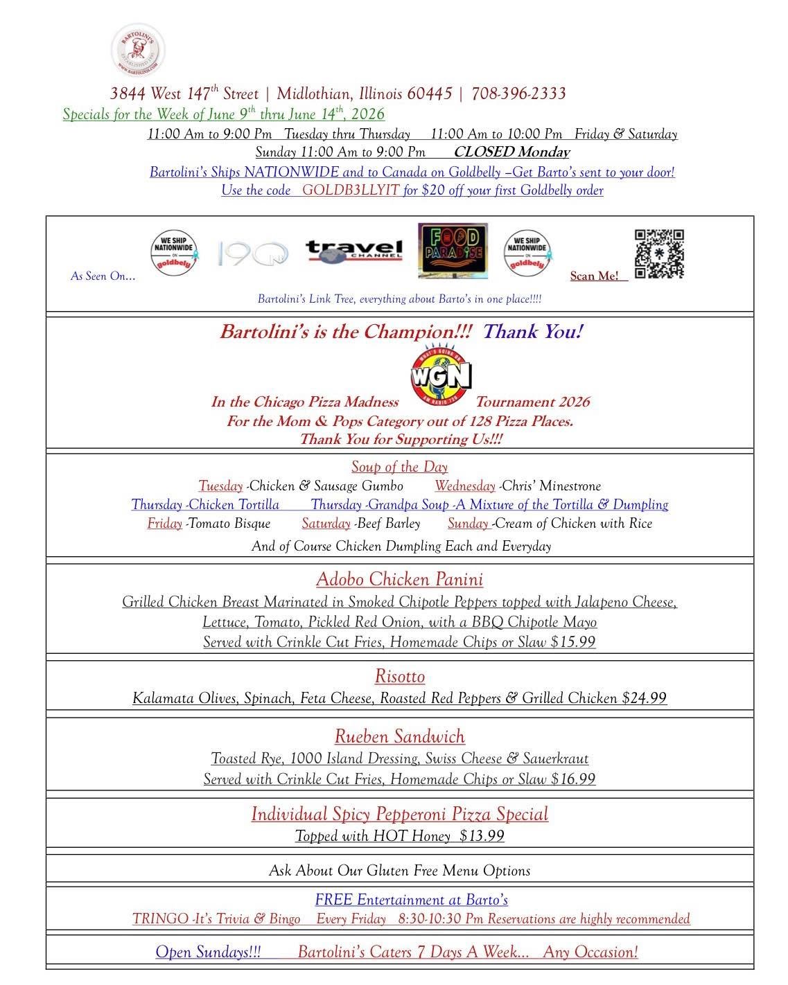 NEW WEEK. NEW SPECIALS.

You all know the drill&hellip;

A new week means a fresh lineup of reasons not to cook.

From award-winning pizza and homemade favorites to ice-cold drinks and patio vibes, we&rsquo;ve got your week covered.

Check out this w