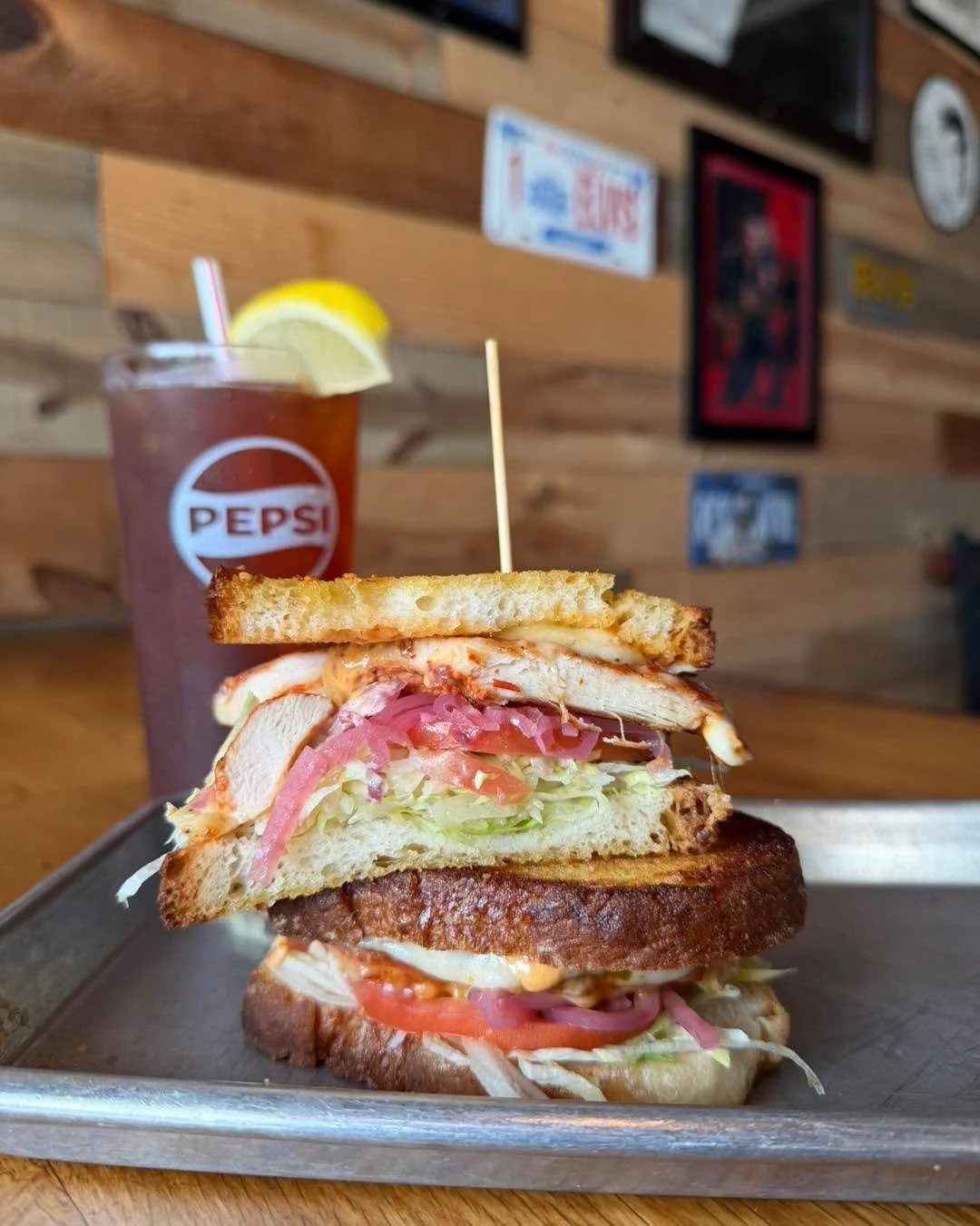 Think all paninis are created equal?
𝗡𝗢𝗣𝗘! 
Adobo Chicken Panini is bringing the heat and the flavor.

Grilled chicken breast marinated in smoky chipotle peppers, topped with jalape&ntilde;o cheese, crisp lettuce, tomato, pickled red onions, and 