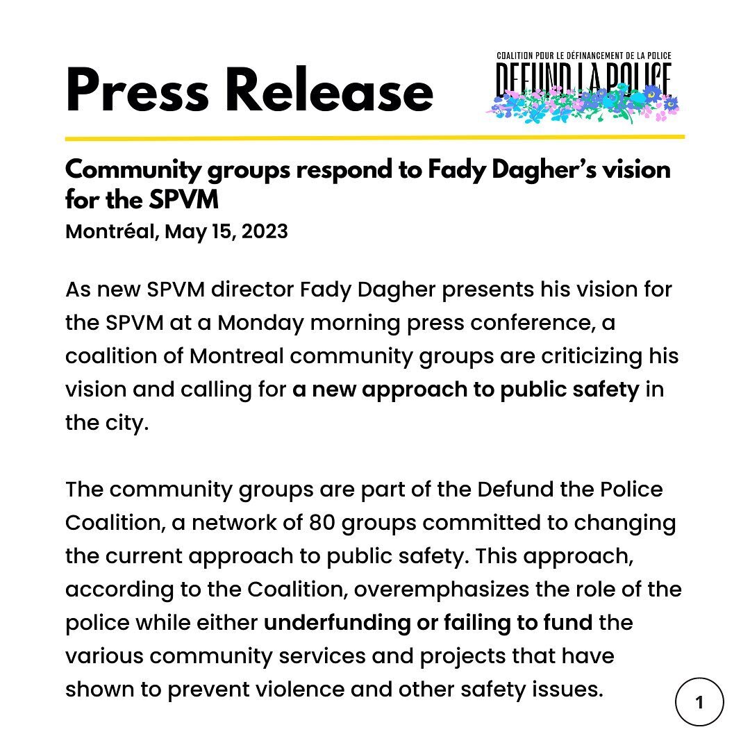 &mdash; PRESS RELEASE &mdash; Community groups respond to Fady Dagher&rsquo;s vision for the SPVM

As new SPVM director Fady Dagher presents his vision for the SPVM at a Monday morning press conference, a coalition of Montreal community groups are cr