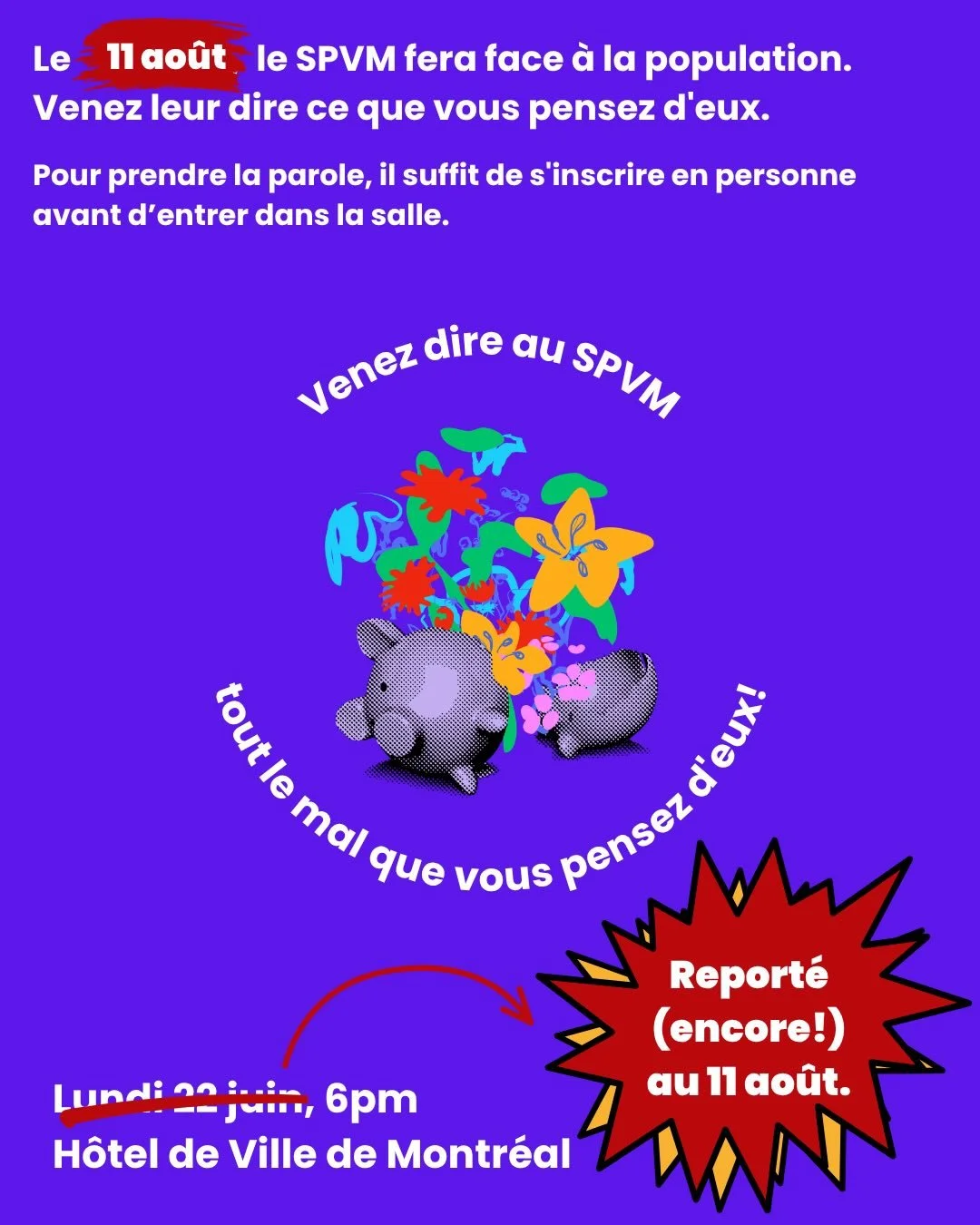 LA HI&Eacute;RARCHIE DES VIES SELON LE SPVM &mdash; LA R&Eacute;UNION PUBLIQUE EST ENCORE REPORT&Eacute;E AU MARDI 11 AO&Ucirc;T, 18:00, &Agrave; L&rsquo;H&Ocirc;TEL DE VILLE (275, rue Notre-Dame Est)

Quand un policier est tu&eacute;, au nom du &ldq