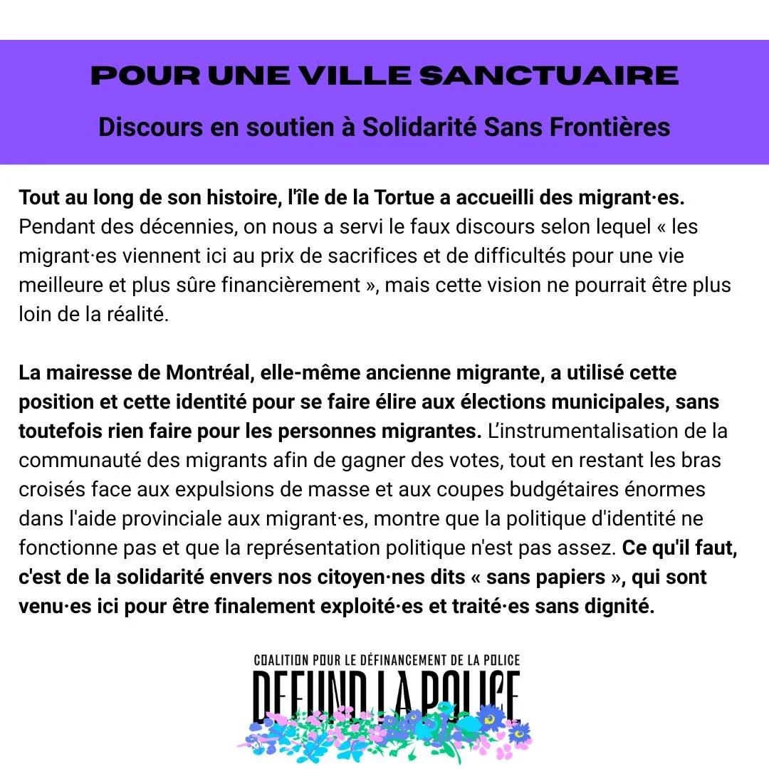 Defund La Police soutient les demandes de @ssf.sab visant &agrave; faire de Montr&eacute;al une ville sanctuaire : notre d&eacute;claration.

-

Defund La Police supports @ssf.sab's call for Montreal to be a sanctuary city: our statement.