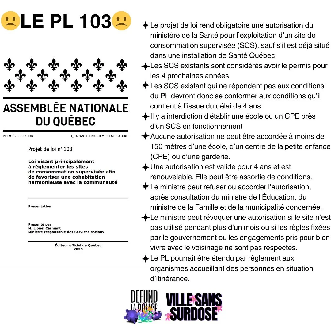 PROJET DE LOI 103: COMMUNIQU&Eacute; DE VILLE SANS SURDOSE

(English follows)

Ville Sans Surdose s&rsquo;oppose au projet de loi 103 de la CAQ et soutient que l&rsquo;objectif de s&eacute;curit&eacute; publique annonc&eacute; peine &agrave; cacher u
