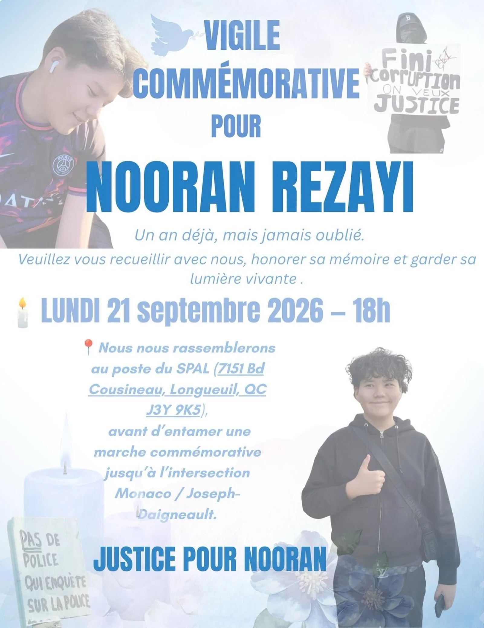 🕊️ Vigile comm&eacute;morative pour Nooran Rezayi / Memorial vigil for Nooran Rezayi&mdash; 21.09.2026 &mdash; 6pm &mdash; 7151 boulevard Cousineau, Longueuil, QC

Message de la s&oelig;ur de Nooran :

Le 21 septembre prochain marquera un an depuis 