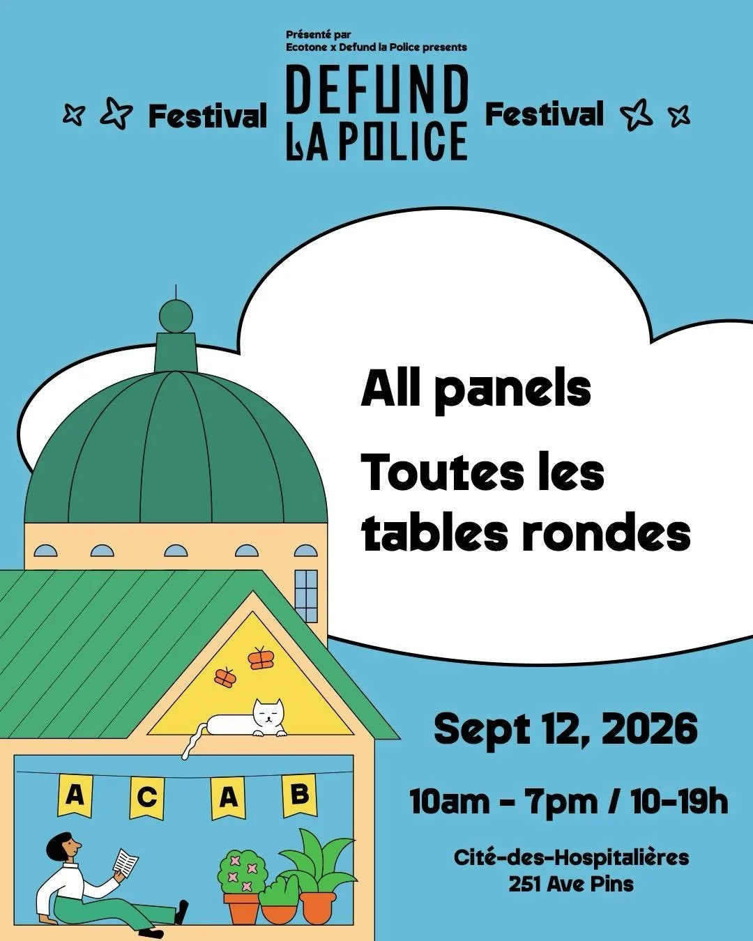 🔥TOUTES NOS TABLES RONDES / ALL OF OUR PANELS🔥

🗣️ Festival Defund La Police
🗓️ 12.09.2026 - 10am-7pm
📍Cit&eacute;-des-Hospitali&egrave;res (251 avenue des Pins)

SALLE/ROOM: &ldquo;CHAPELLE&rdquo;

💫12:15pm-1:30pm: Entre les r&eacute;alit&eacu