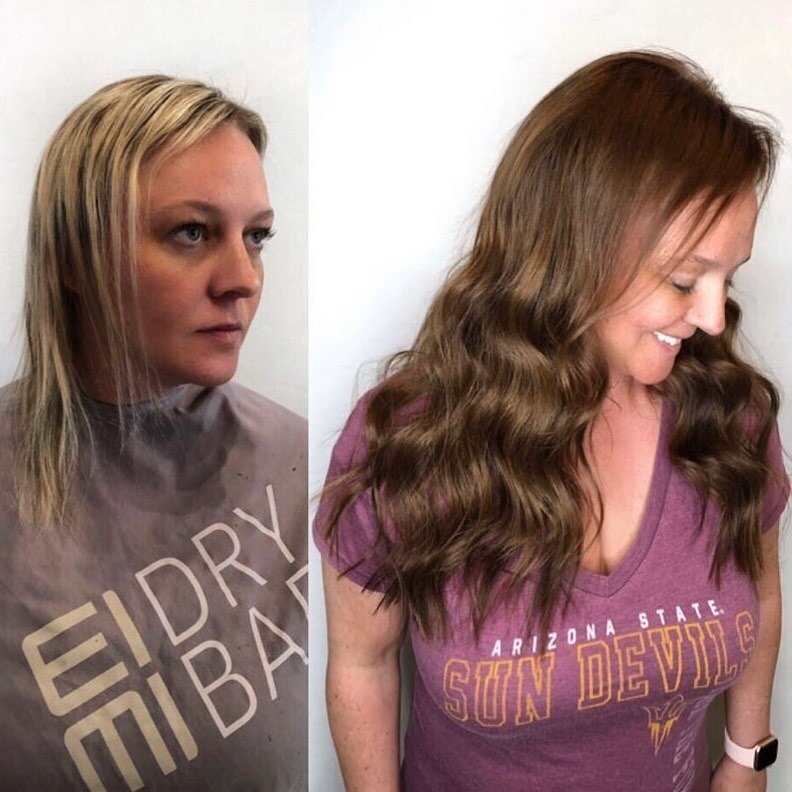 Another one of my beautiful guests who play with color and extensions. ✨ We love a good blonde but she also looks beyond beautiful in a rich chocolate brown. We custom colored her extensions for this transformation from blonde to brown and it was jus