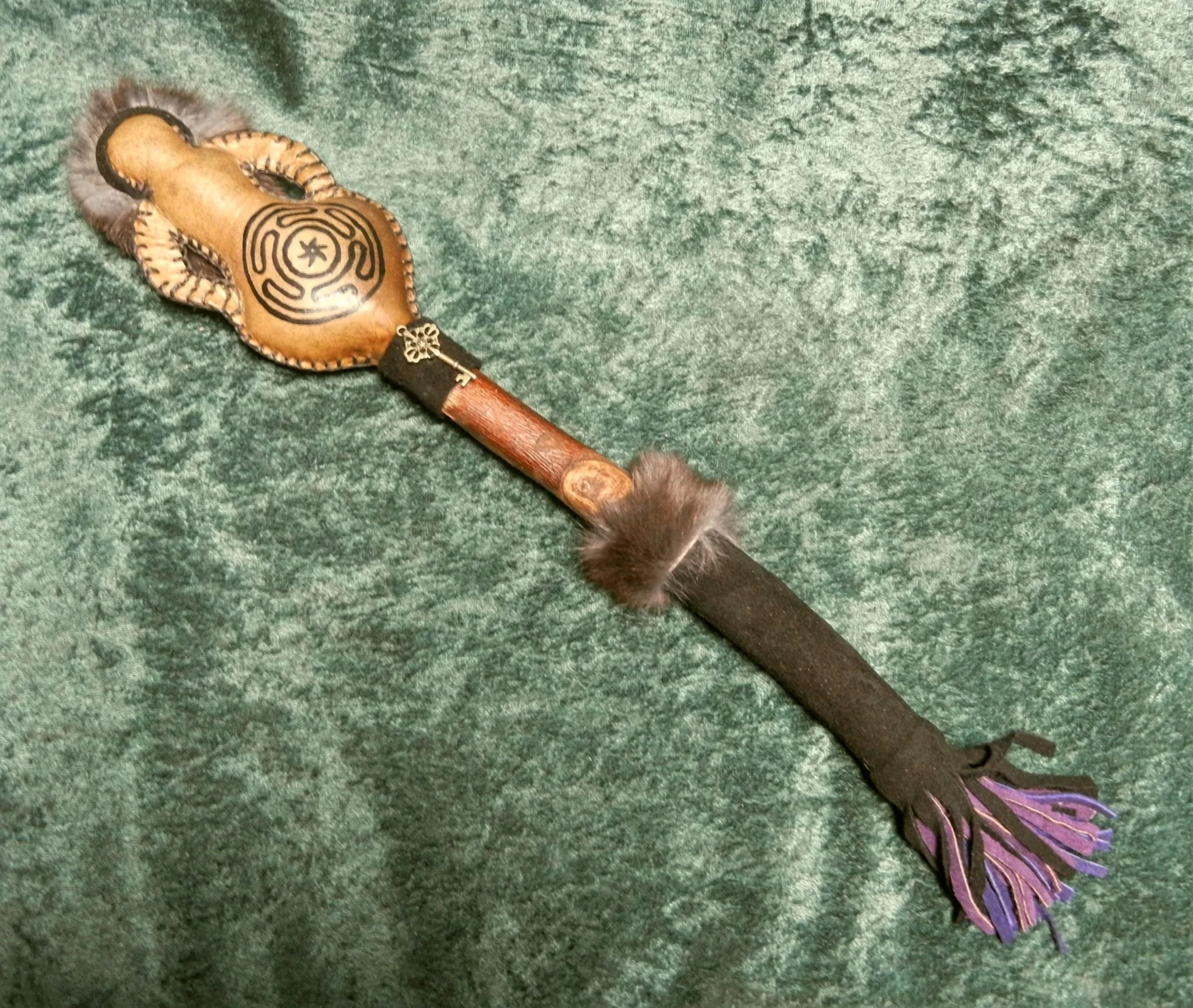 Hekate Hecate Goddess Medium Horse Rawhide Rattle, Painted, Rabbit Fur & Deer Suede, Greek Deity Mythology Pagan Witch Ritual Shaker