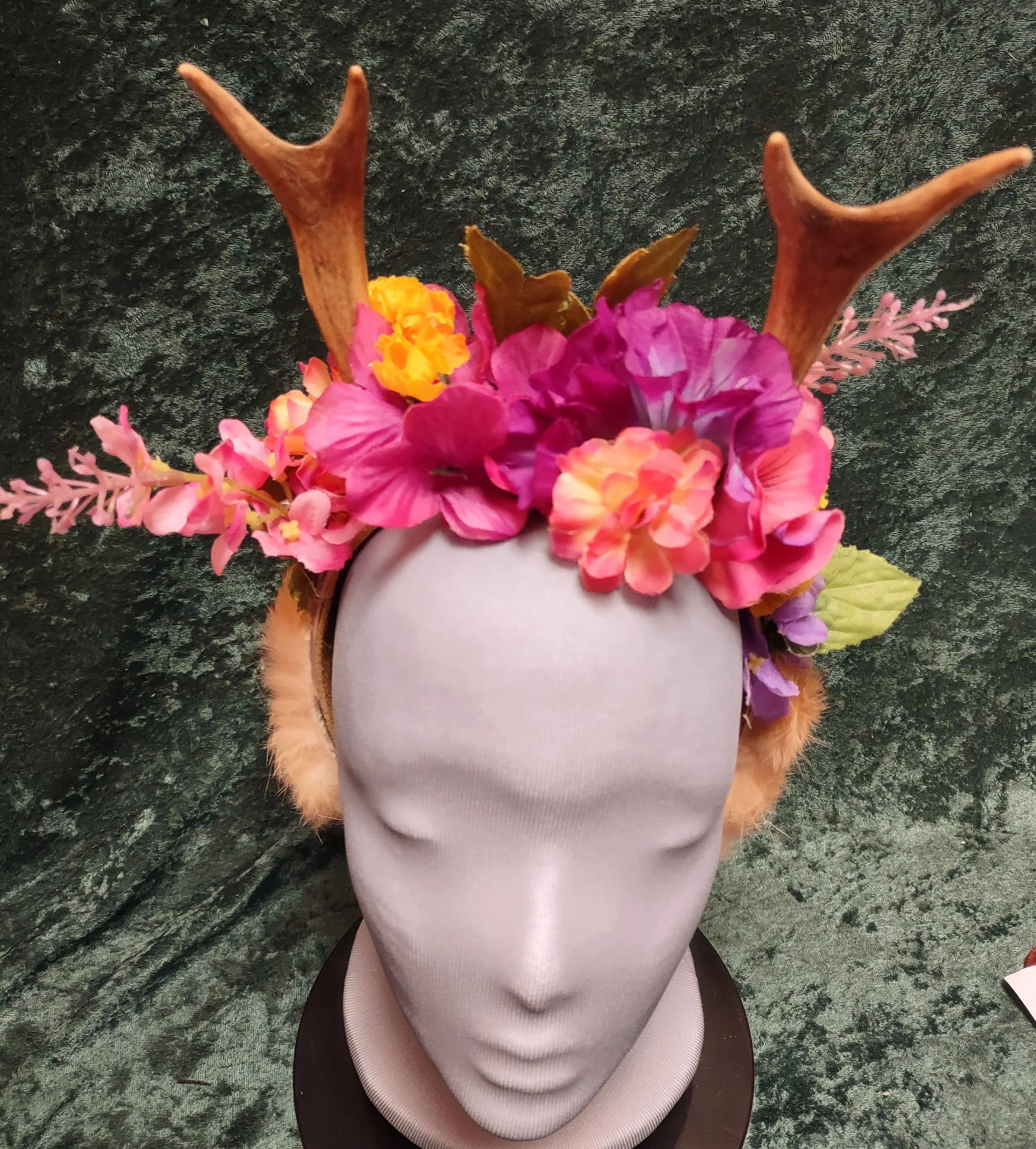 Real Deer Antler Spring Theme Silk Flower Headband, Suede Lined, Rabbit Fur, Headdress Hair Accessory, Festival Garb, Renfaire, Fairy Crown