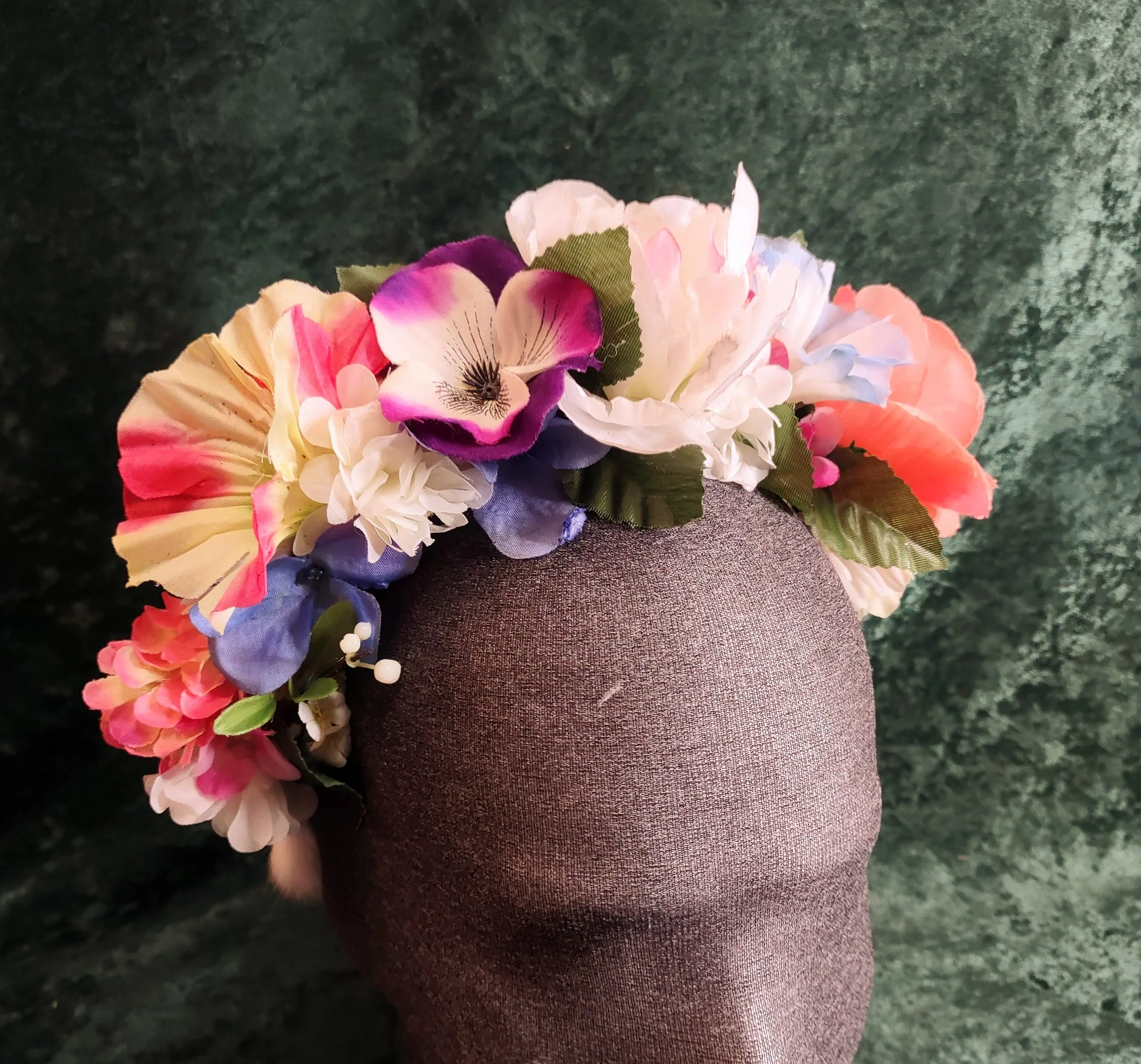 Spring Theme Silk Flower Headband, Suede Lined, Rabbit Fur, Headdress Hair Accessory, Festival Garb, Renfaire, Fairy Crown