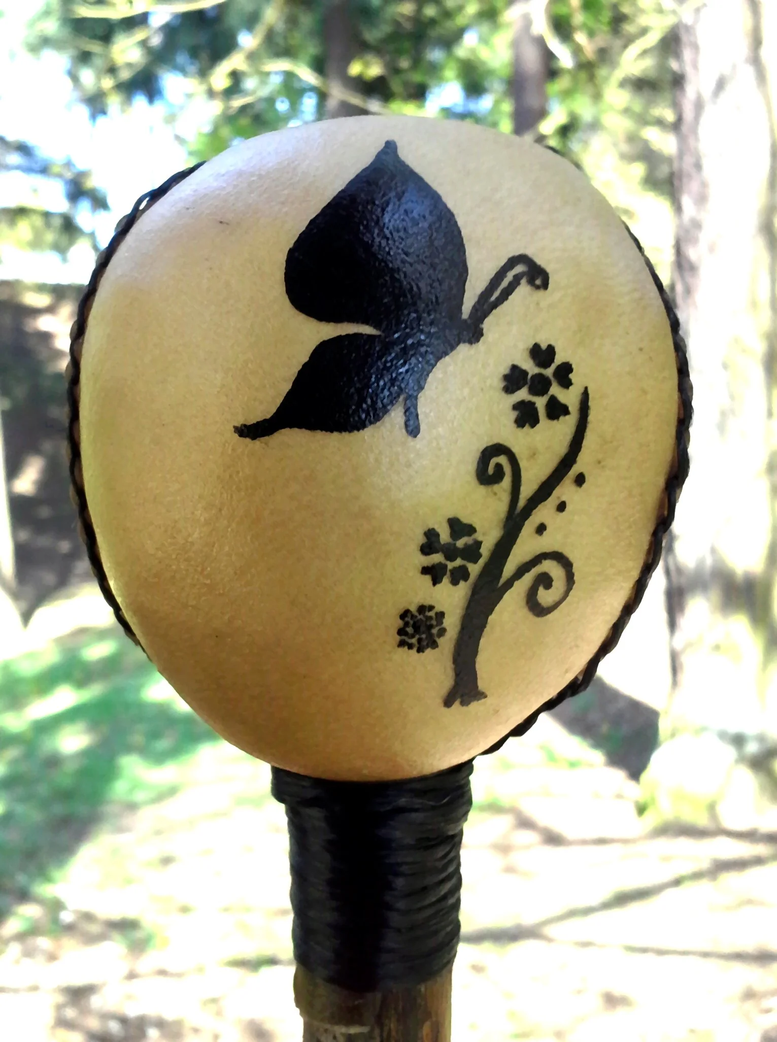 Butterfly Totem Large Round Rawhide Rattle, Shamanic Journey Ritual Animal Spirit Sound Healing