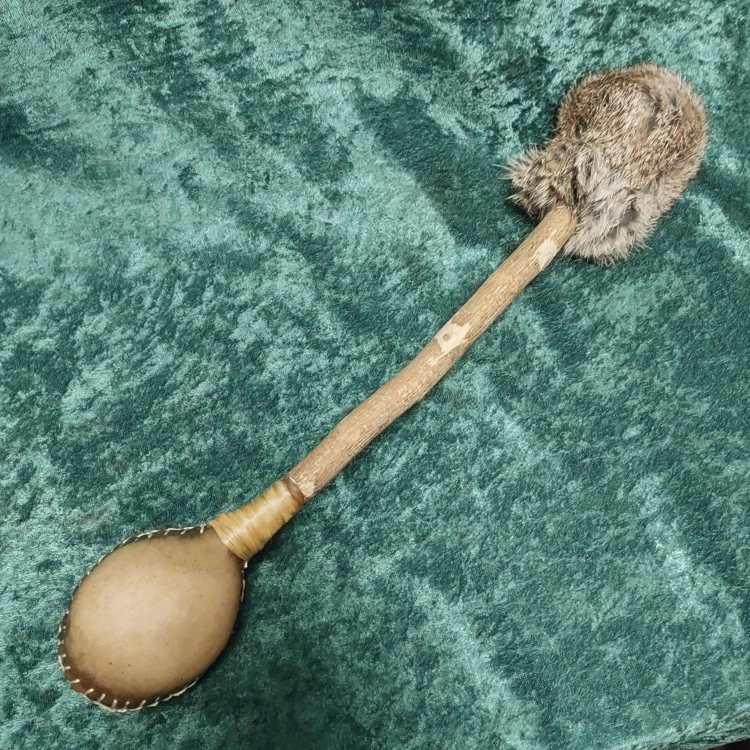 Custom Rawhide Rattle / Drum Beater Combo with Small, Medium or Large Deer, Horse, Buffalo or Elk Rattle and Rabbit Fur Beater, colors