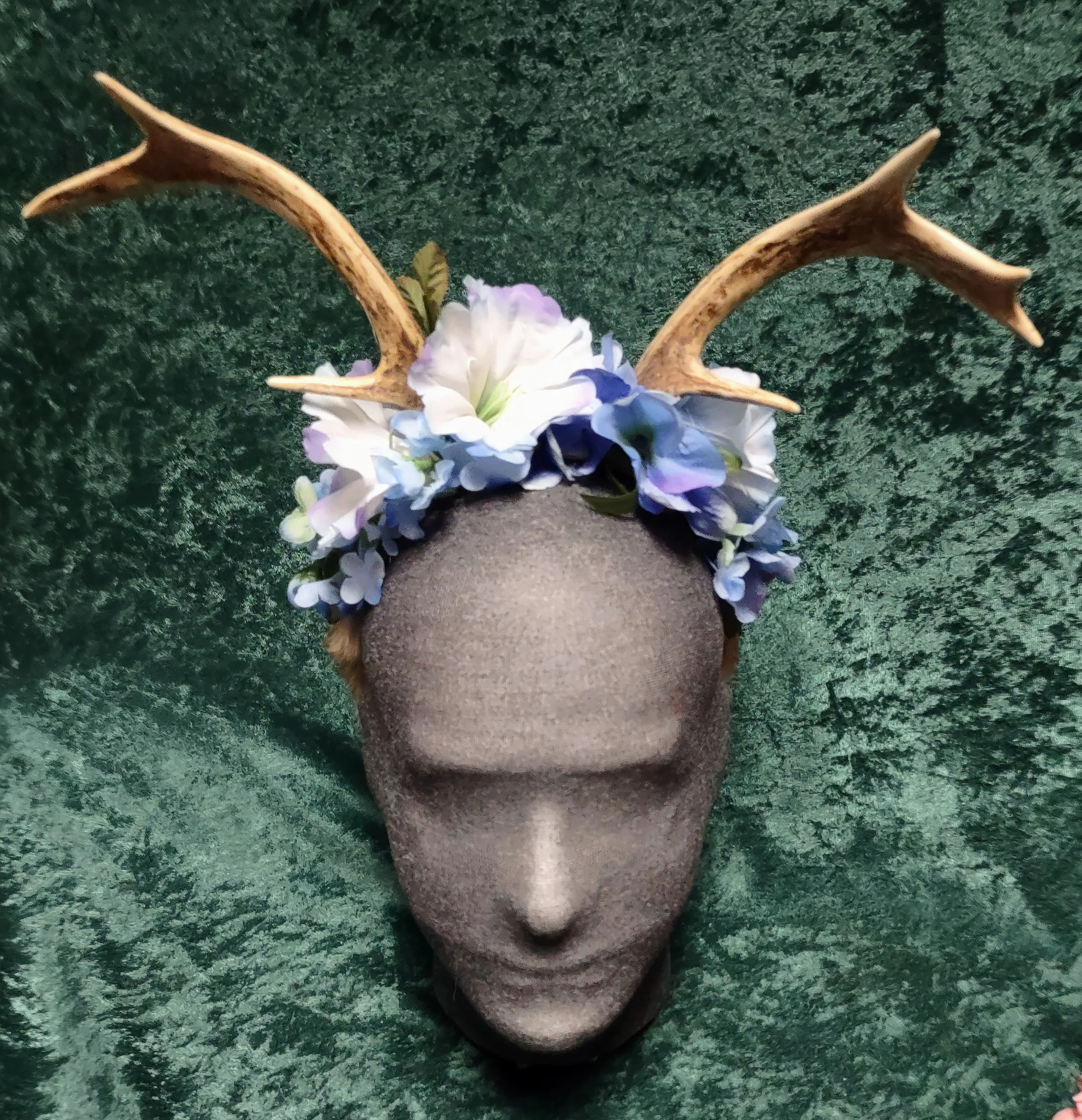 Real Deer Antler Blue Artificial Flower Headband, Suede Lined, Rabbit Fur, Headdress Hair Accessory, Festival Garb, Renfaire, Fairy Crown