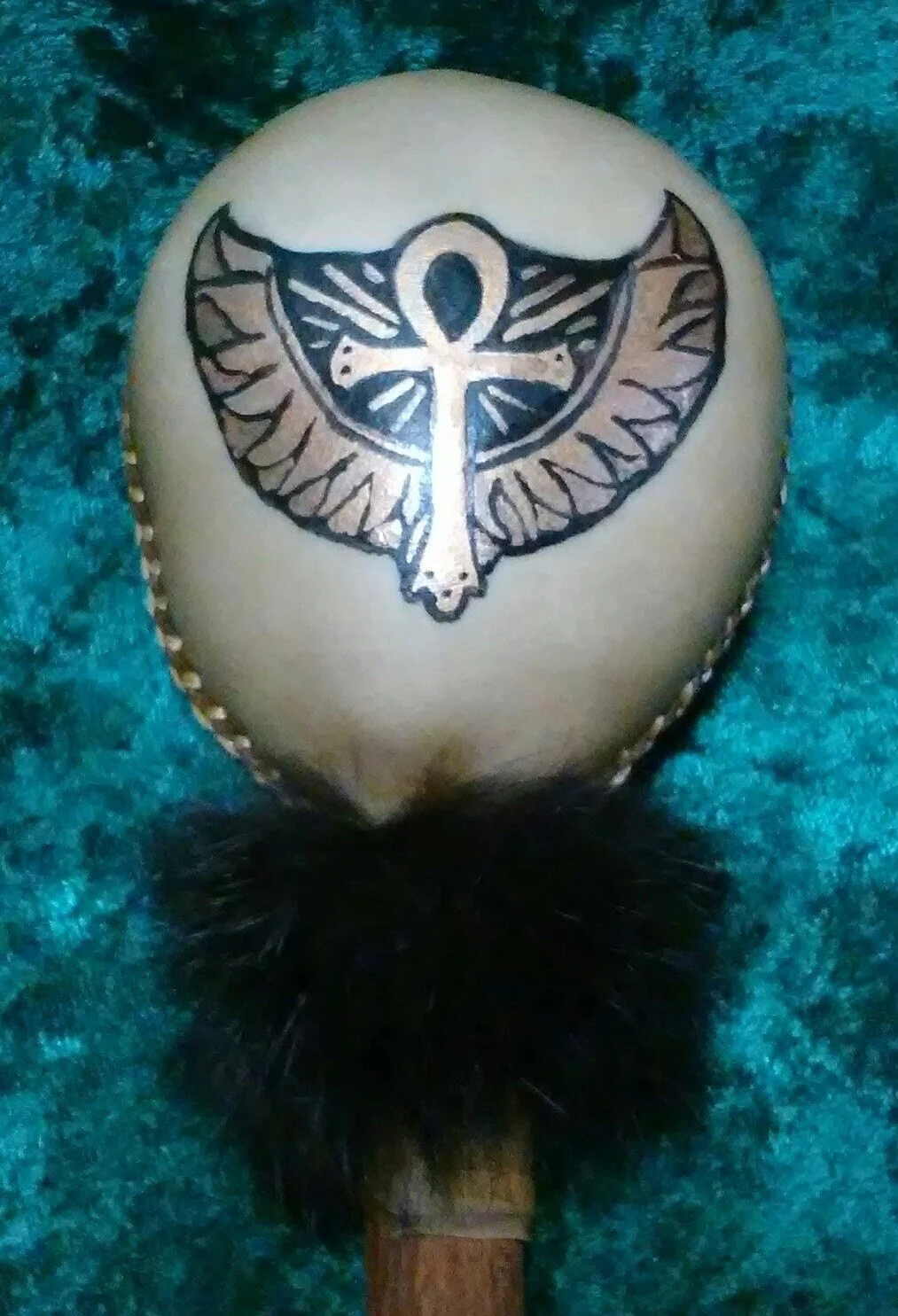 Hecate's Wheel Large Deer Round Rawhide Rattle, Black Sinew, Fur & Leather, Willow, Journey Ritual Sound Healing Meditation Shaker