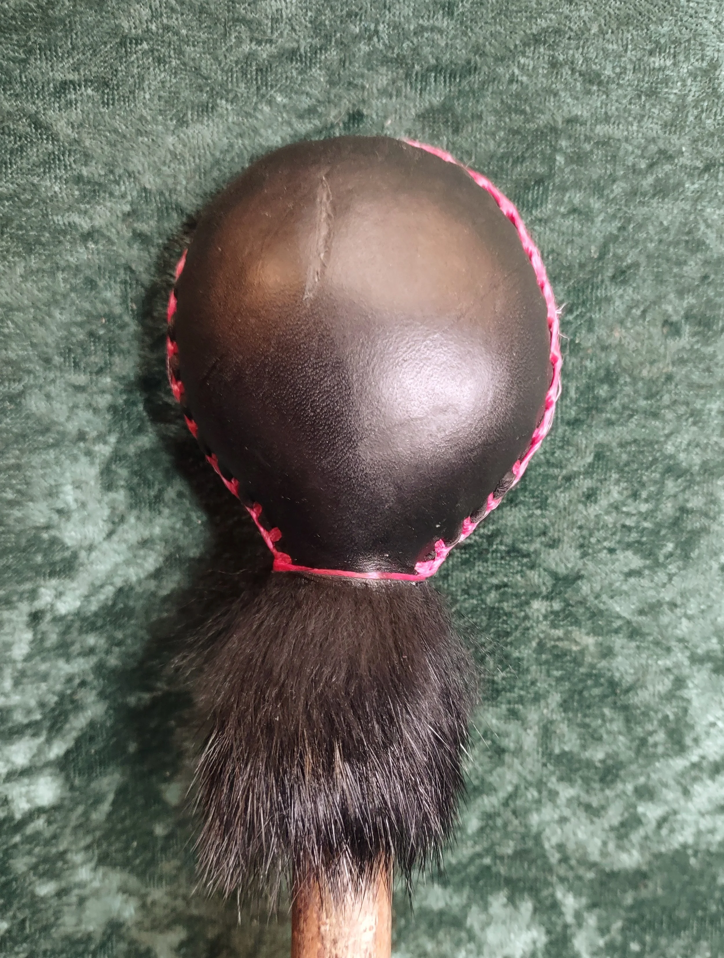 Medium Elk Fancy Round Rawhide Rattle, Dyed Black w Magenta Sinew, Willow