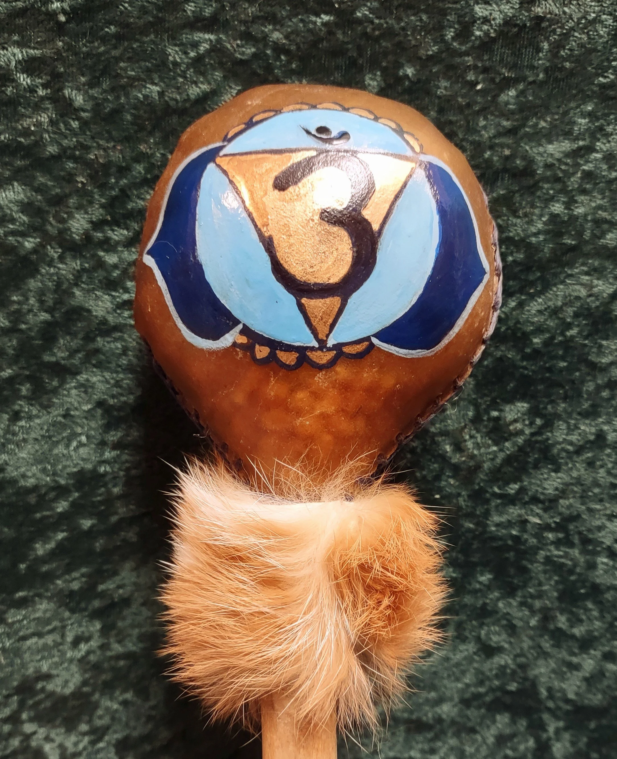 Large 3rd Eye/Lotus Horse Fancy Round Rawhide Rattle, Indigo Sinew, Hand Painted, Deer Suede Rabbit Fur