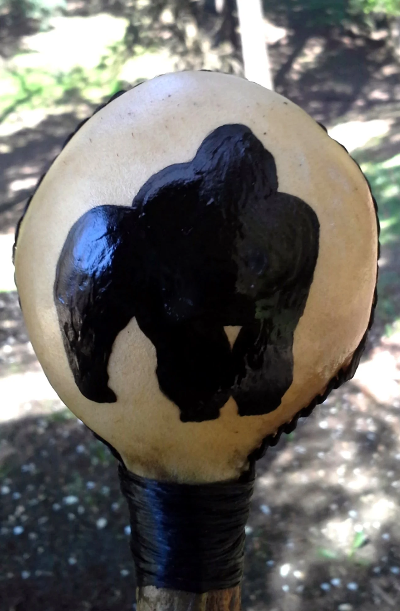 Gorilla Totem Large Round Rawhide Rattle,  Shamanic Journey Ritual Animal Spirit Sound Healing