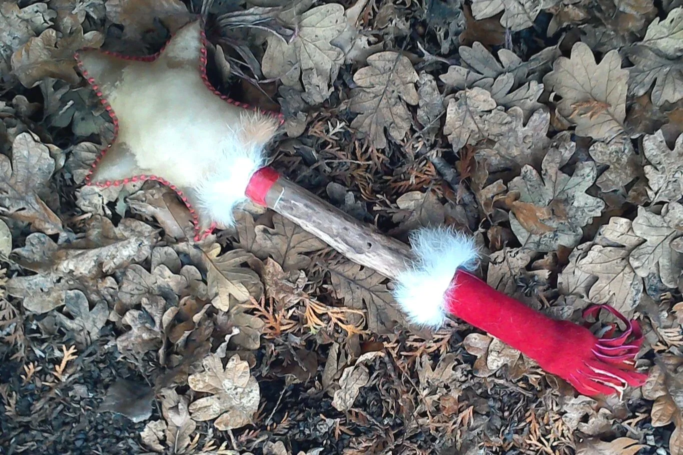 Magickal "Strength of Will" Rattle: Large Star Shaped Deer Rawhide with Garnet & Bay Laurel, Red Deer Split, Gold Rabbit Fur, Custom Made