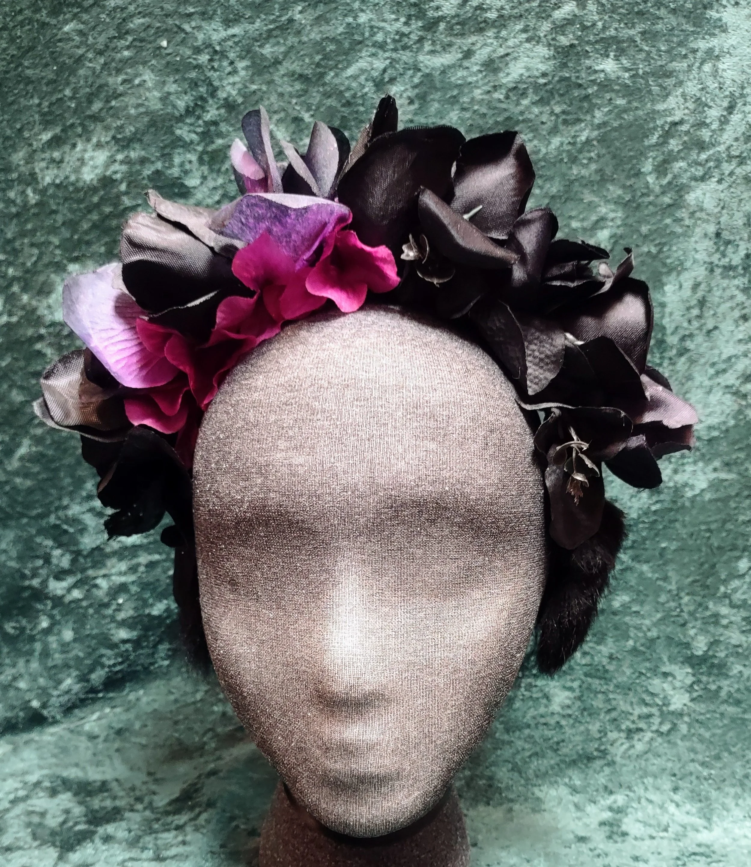Black & Pink Goth Silk Flower Headband, Suede Lined, Rabbit Fur, Headdress Hair Accessory, Festival Garb, Renfaire, Fairy Crown,