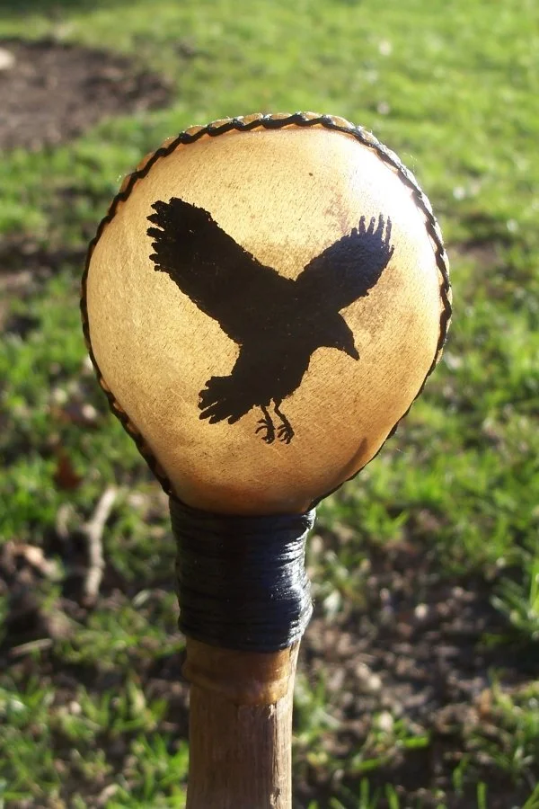Raven Totem Large or Medium Round Rawhide Rattle, Three Styles, Plain or Fancy, Shamanic Journey Ritual Animal Spirit Sound Healing Shaker