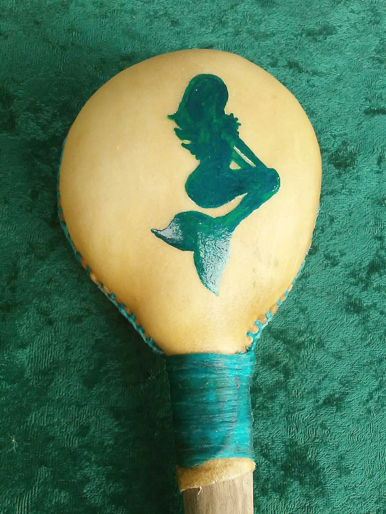 Mermaid Magickal Being Rawhide Ritual Rattle, Deer, Hand Painted Turquoise or Metallic, Plain or Fancy, Shamanic Shaker Sound Healing Spirit