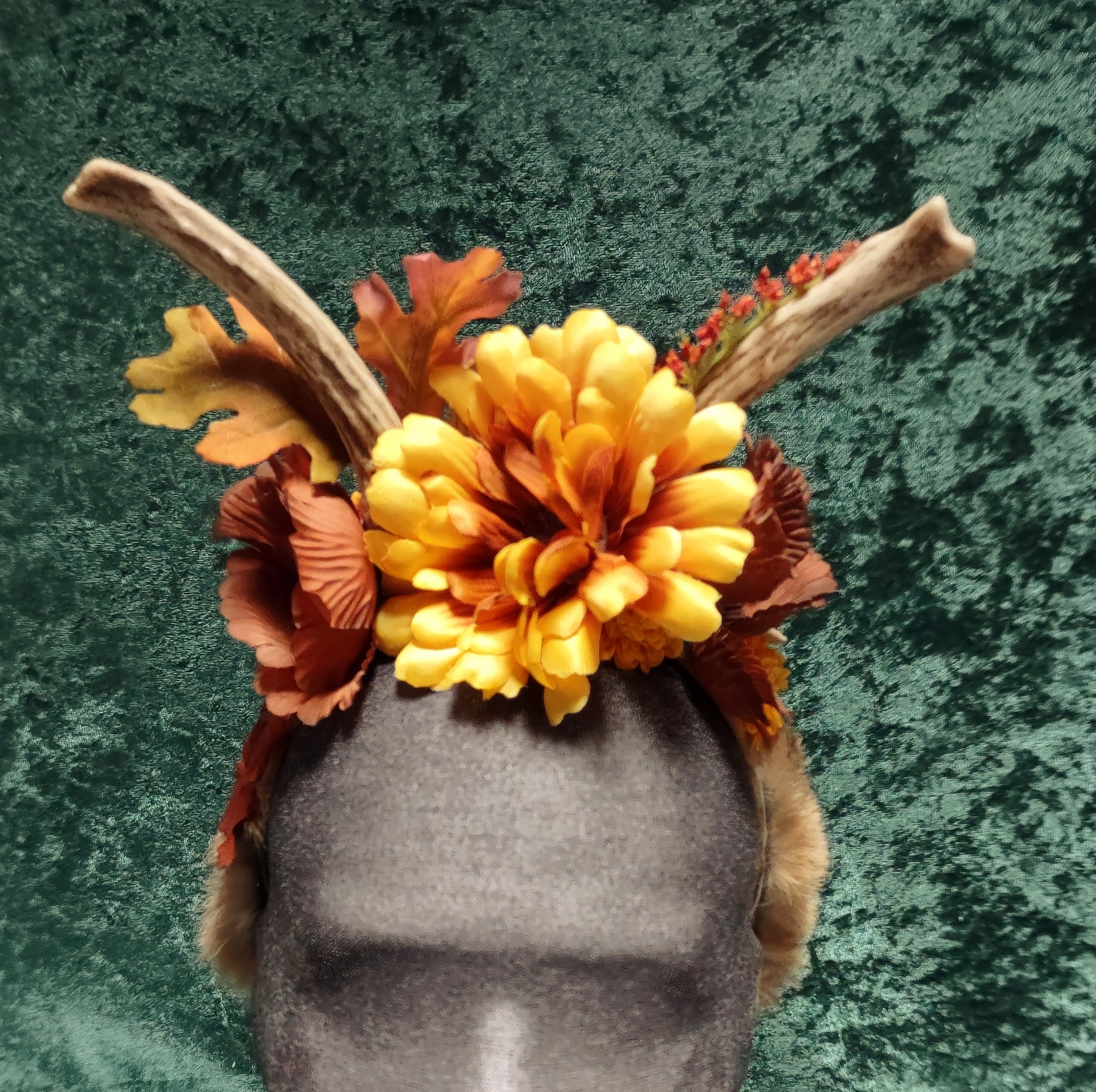 Real Deer Antler Fall Theme Silk Flower Headband, Suede Lined, Rabbit Fur, Headdress Hair Accessory, Festival Garb, Renfaire, Fairy Crown