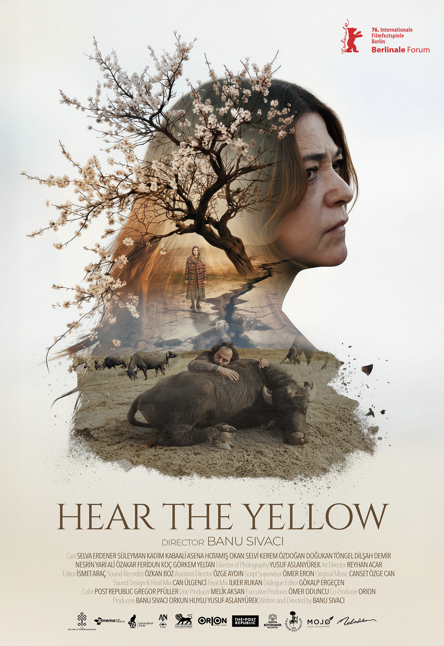 A movie poster for 'Hear the Yellow' depicts a double exposure of a woman’s face and a landscape with a tree, a girl, elephants, and a buffalo, promoting the Berlin International Film Festival.