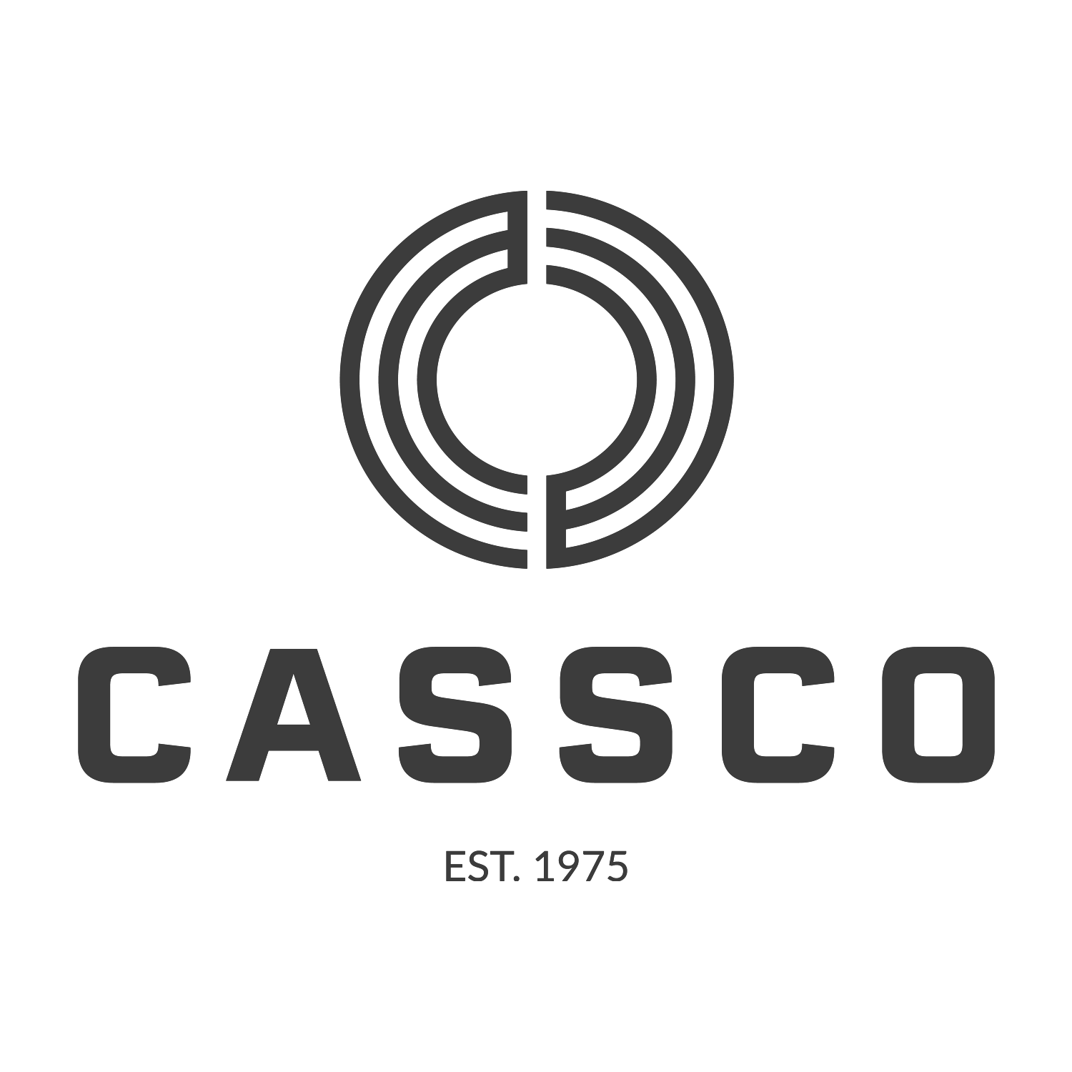 Black background with gray logo and text. The logo consists of concentric circles and a maze-like design. Below the logo, the word 'CASSCO' appears in bold, with 'EST. 1975' in smaller font underneath.