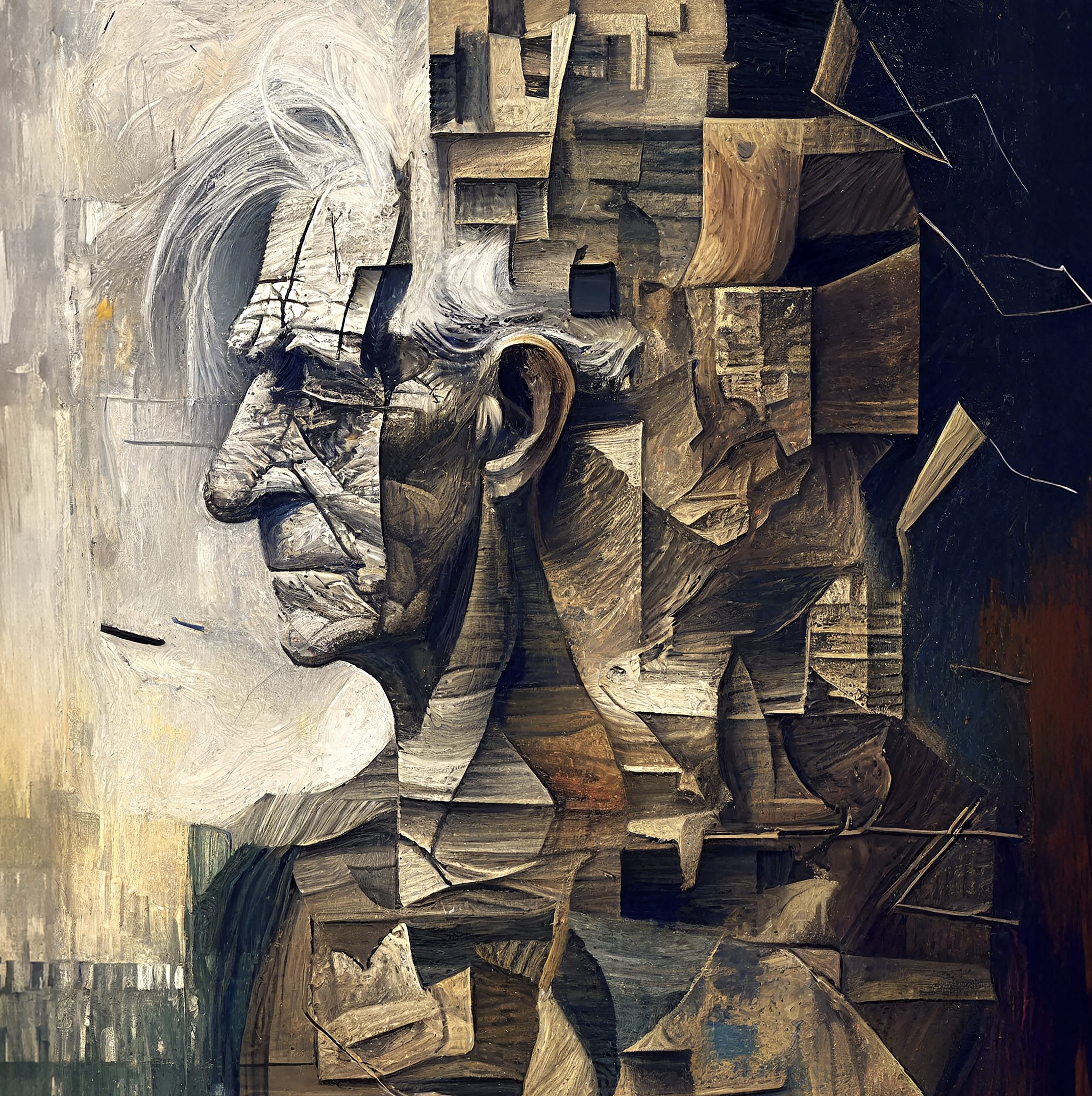 Abstract painting with a swirling, textured composition in earth tones, including shades of brown, black, white, and hints of blue and yellow.