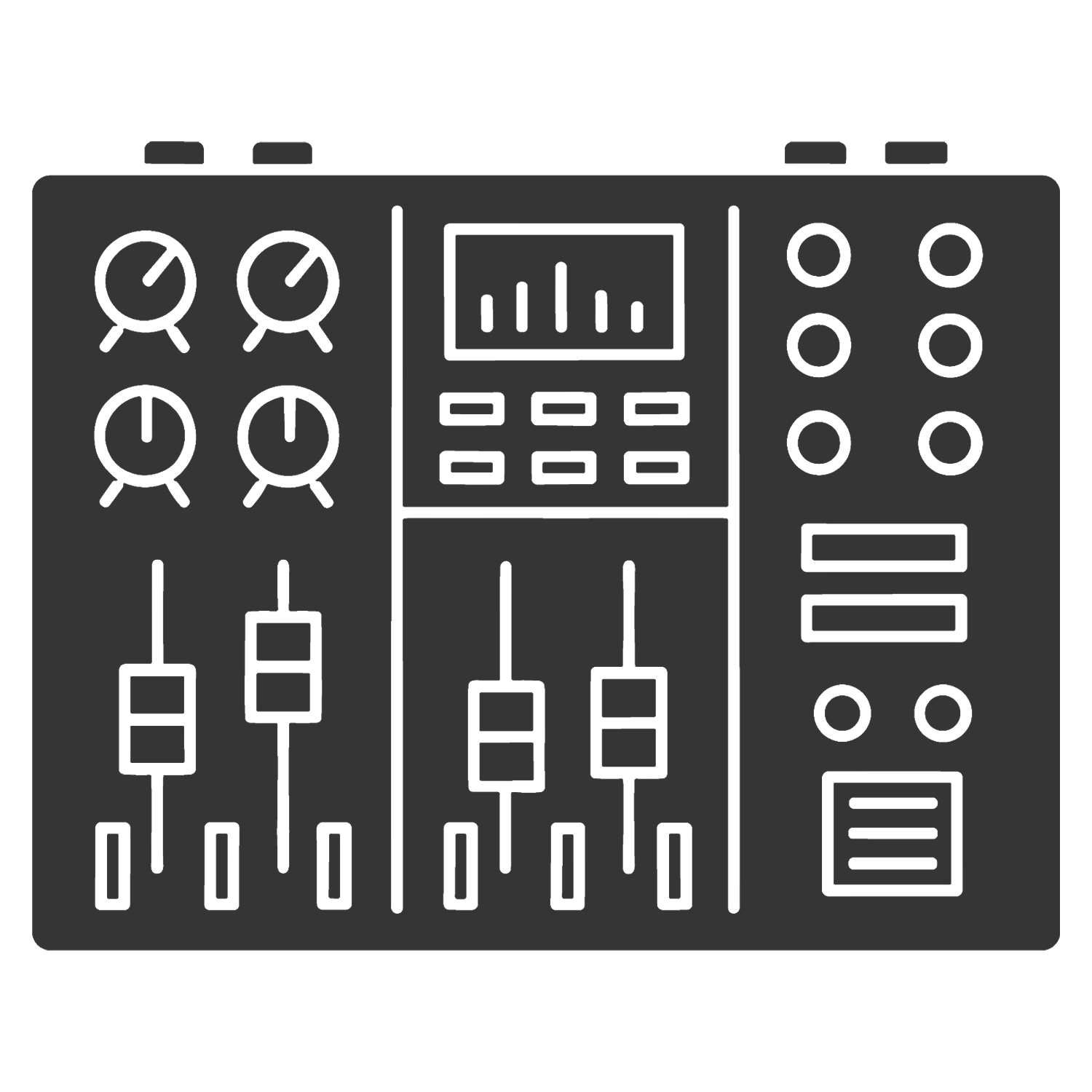 A black and white illustration of a DJ mixing console with knobs, sliders, and buttons.
