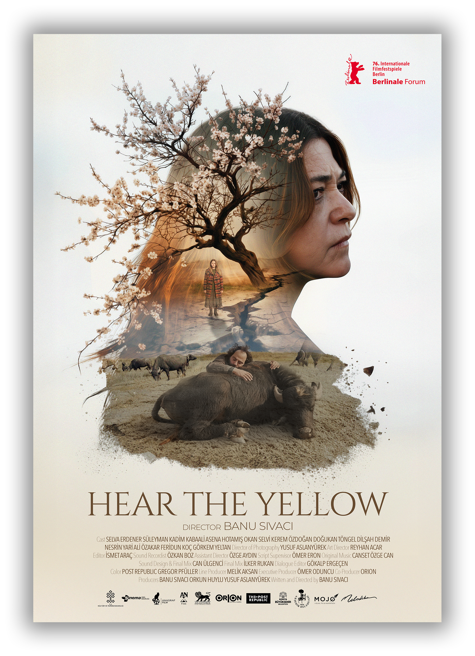 A movie poster for 'Hear the Yellow,' featuring a double exposure of a woman's profile with a landscape, a blooming tree, and people, including a girl and a man embracing a pig, overlaid on her face.