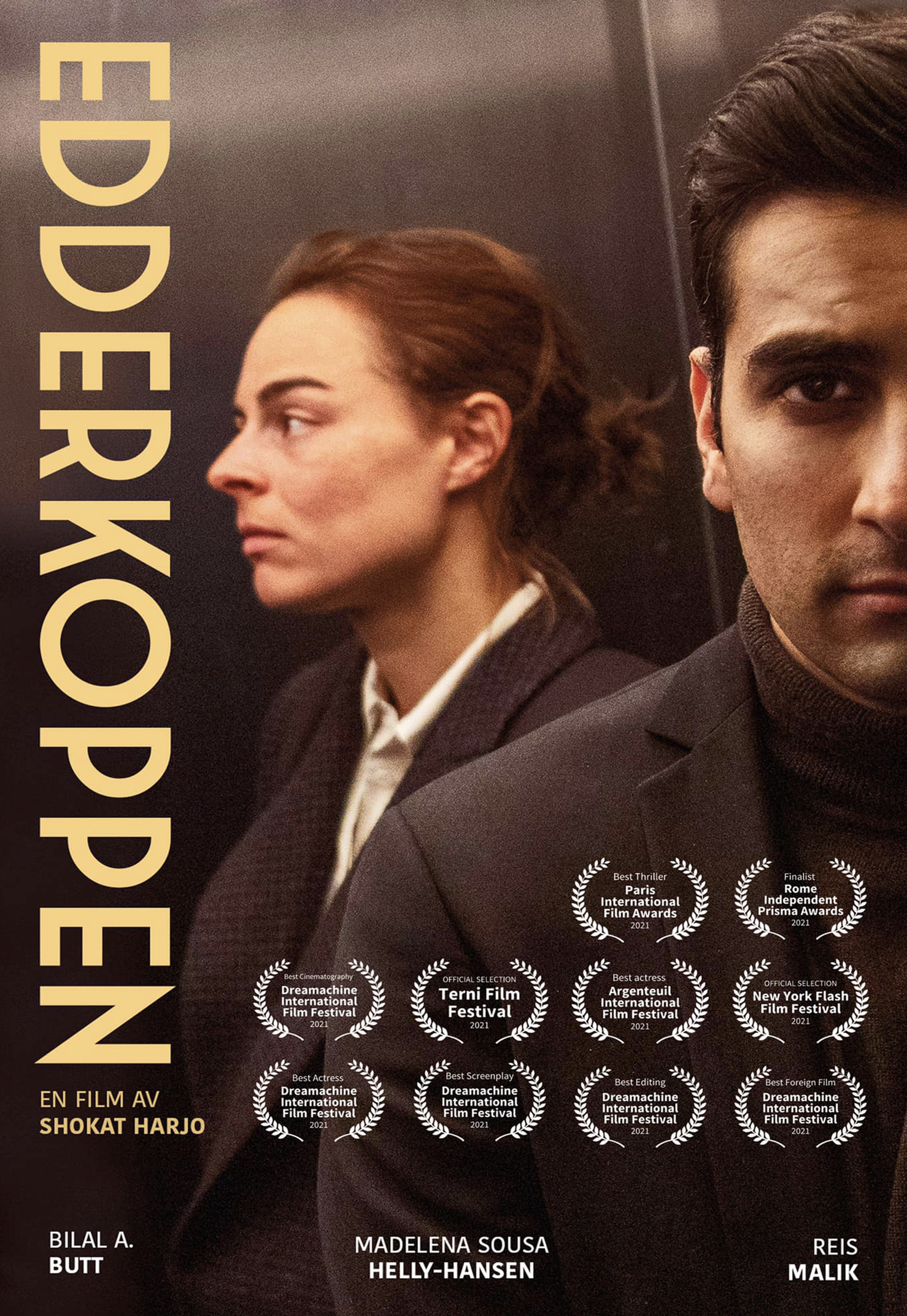 A poster for a film features two characters, a woman with red hair in profile looking to the left, and a man with dark hair and stubble facing the camera but looking to the right. The poster includes accolades such as awards from the Paris International Film Awards, Rome Independent Prisma Awards, Dreamachine International Film Festival, Terni Film Festival, Argenteuil International Film Festival, New York Flash Film Festival, and others. The text indicates the film is in English, directed by Shokat Harjo, and has actors named Bilal A. Butt, Madelena Sousa Helly-Hansen, and Reis Malik.