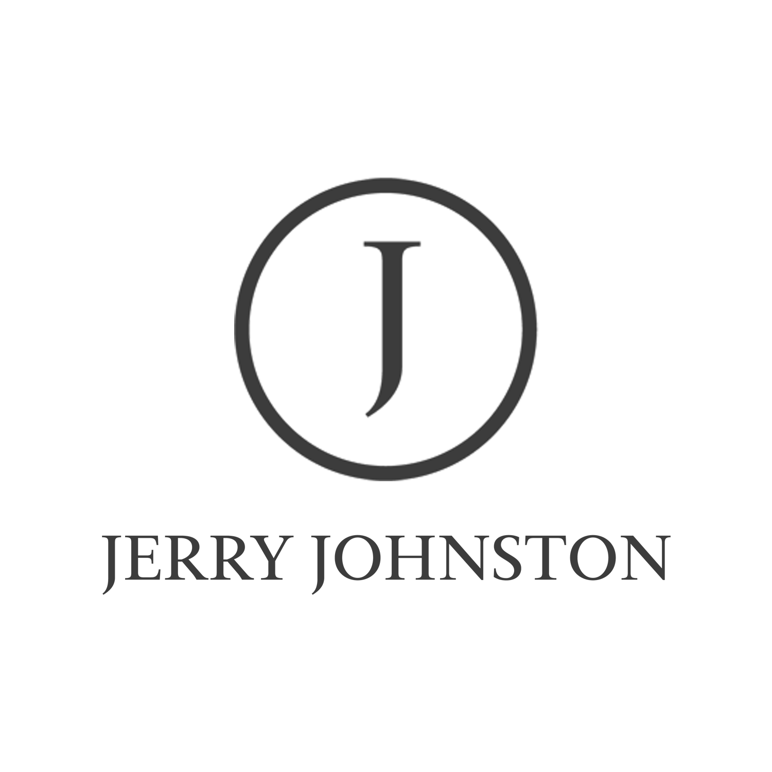 Black background with a silver circle around the letter J in the center, and the name 'JERRY JOHNSON' written below in uppercase silver letters.