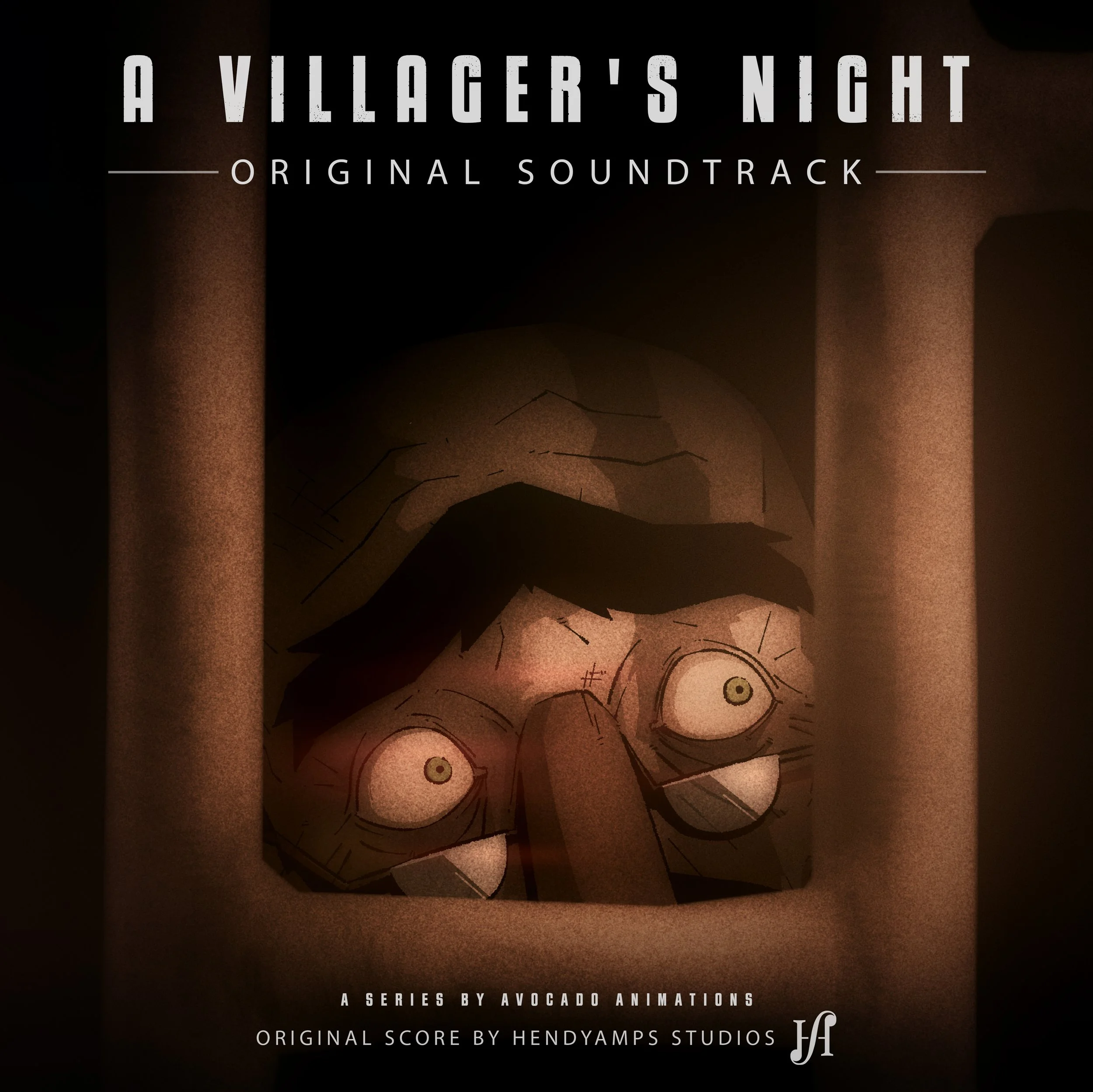 Dark promotional poster for the game 'A Villageer's Night' featuring stylized, clown-like faces with wide eyes and exaggerated expressions, and text indicating it is part of a series with original score by Hendyamps Studios.