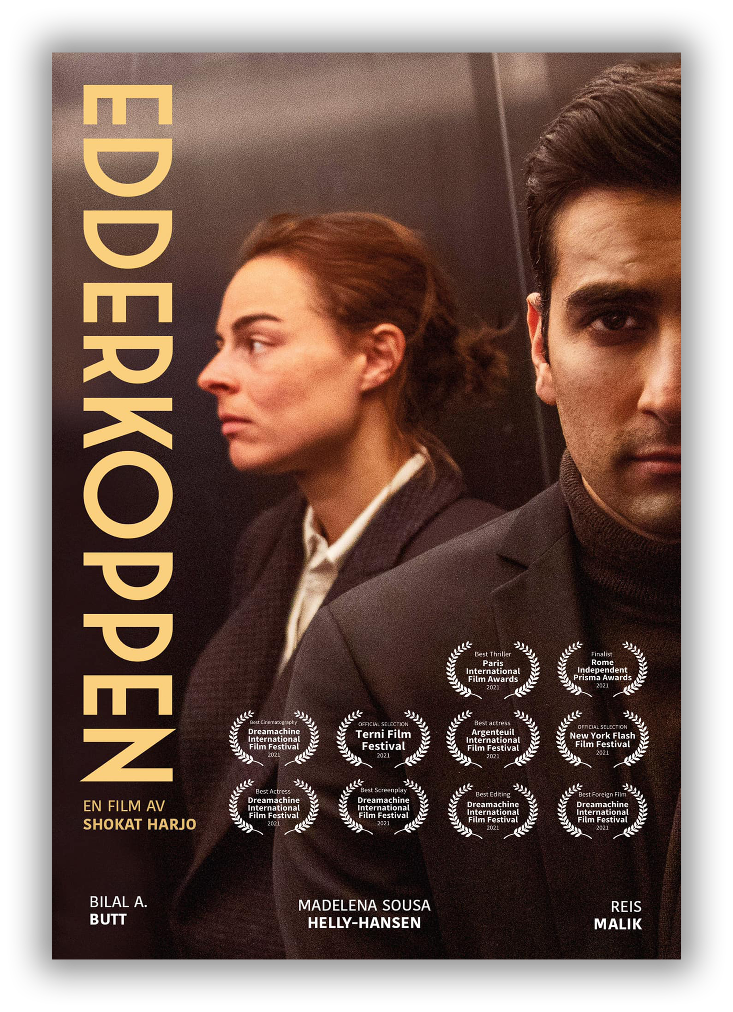 Poster for the film 'Eddie.' It features a close-up of two actors, one woman and one man, with awards listed at the bottom, including recognition at international film festivals. The poster mentions director Shokat Harjo and the film's cast, including Bilal A. Butt, Madelena Sousa Helly-Hansen, and Reis Malik.