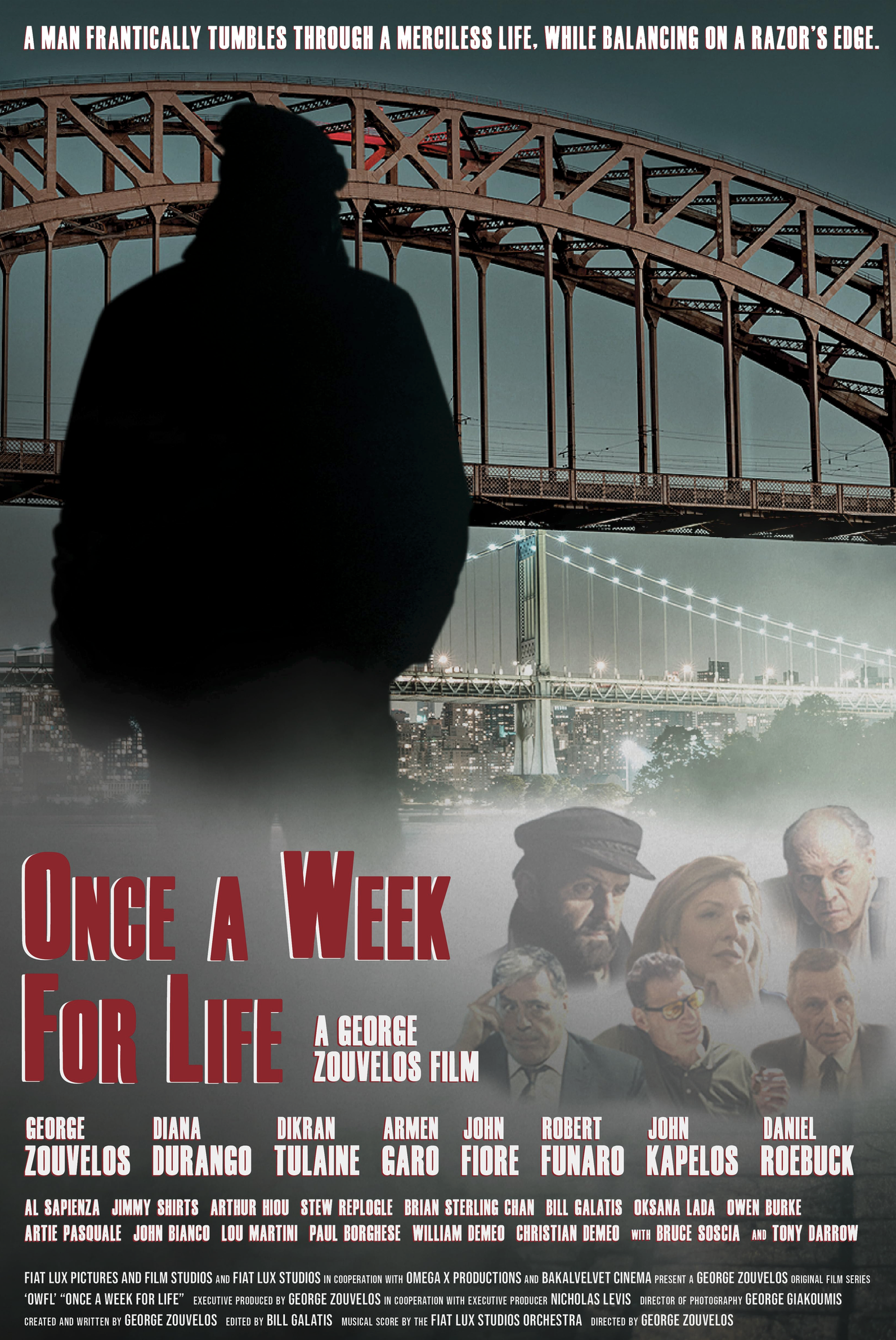 Movie poster for 'Once a Week for Life' featuring a silhouette of a man standing in front of a large bridge at night with city lights below. Text includes title and credits.