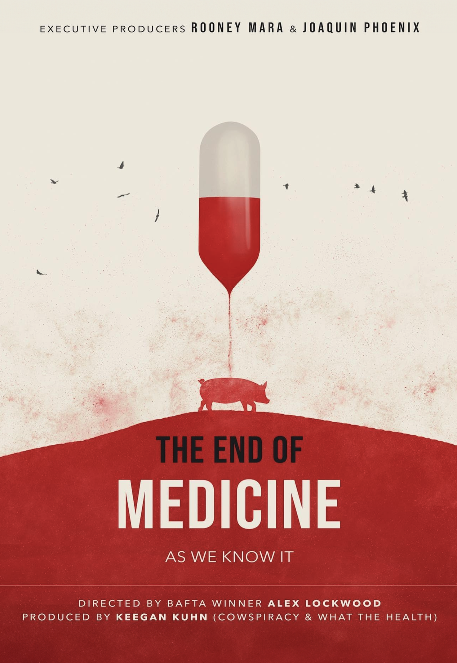 Book cover for 'The End of Medicine' featuring a red and white capsule with a pig silhouette and flying birds in the background.