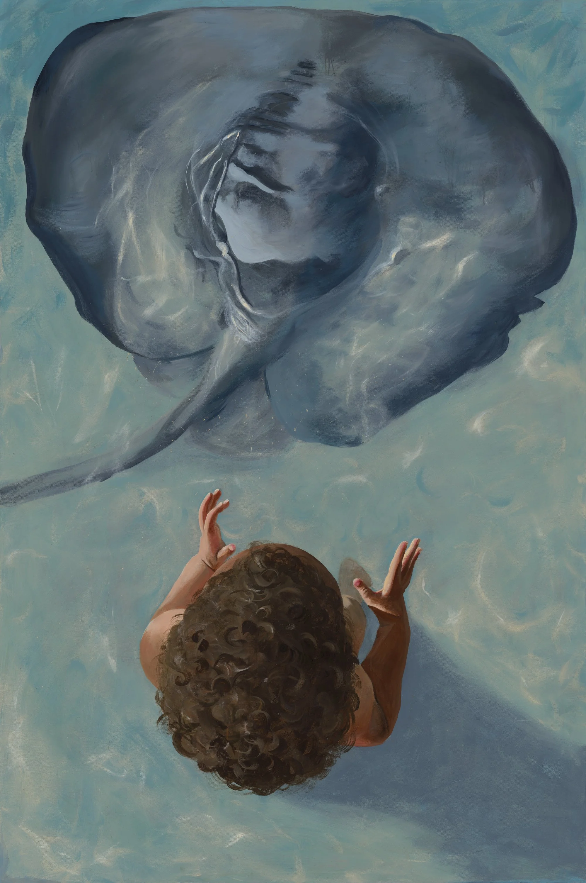 RAYS was painted from several different reference photos from a real experience encountering rays with my then-not-quite-one year old in Belize. RAYS was created using acrylic and pastel and was exhibited as part of the Above and Below show with Emil