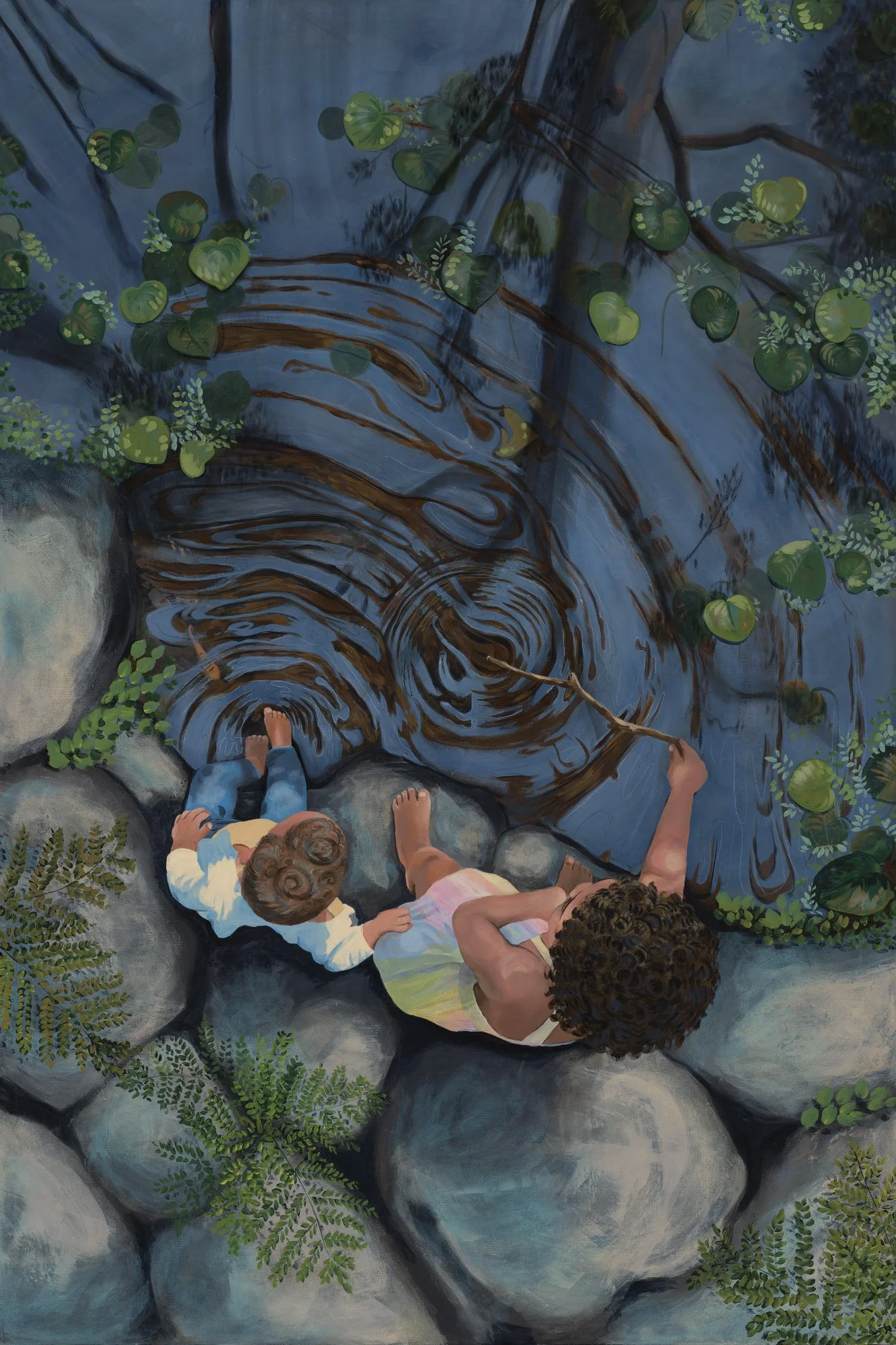 POBBLEBONK was created from several different photos of my daughters playing near our pond. It represents the joy of childhood and days filled with looking for frogs that we never actually find. POBBLEBONK was created using acrylic and pastel and was