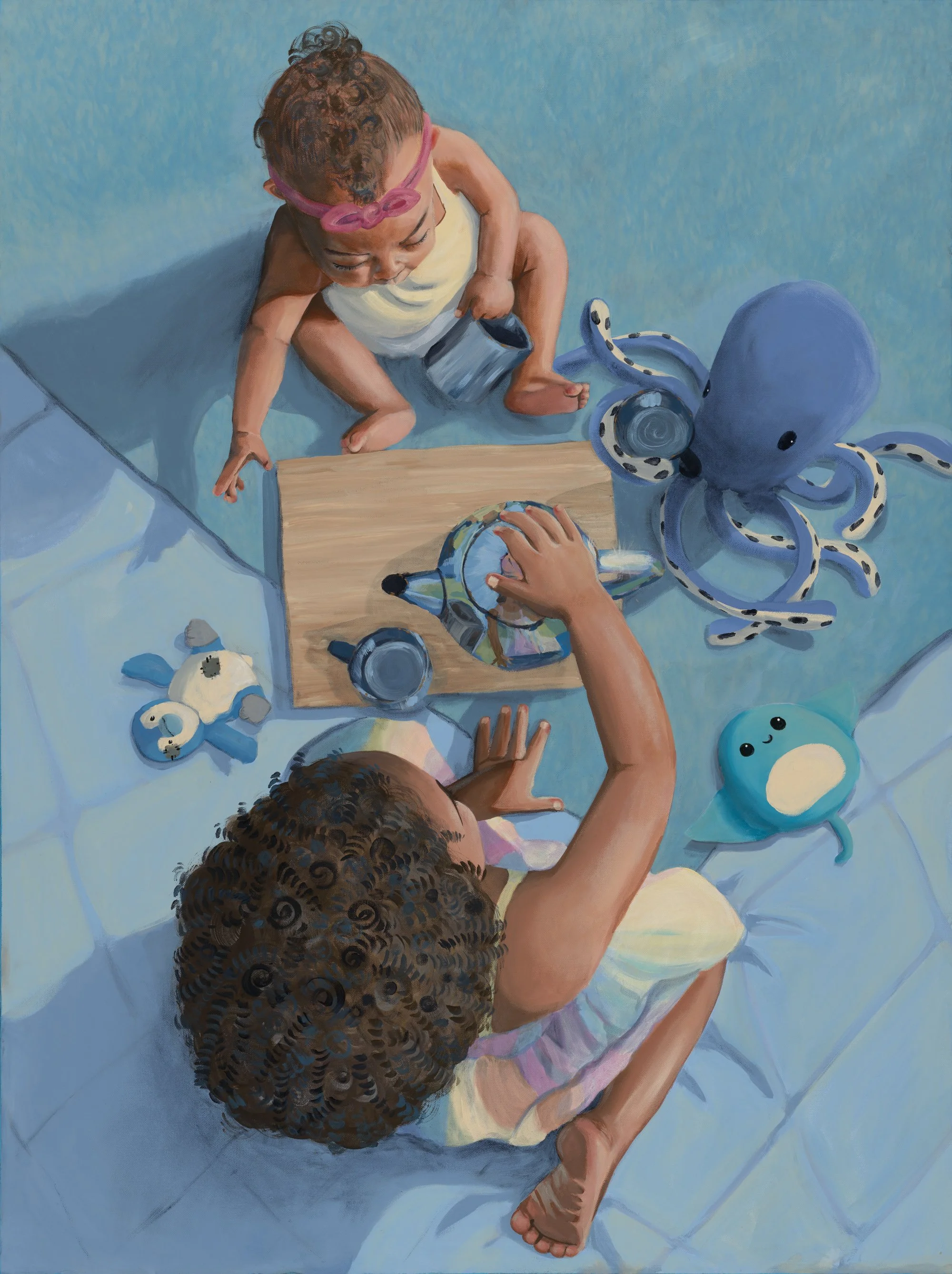 TEA PARTY was made using a composite of different reference images. It represents the joy of play. The bird's eye view is designed to give the viewer some distance from the subject and evoke a feeling of nostalgia. This painting was created using acr