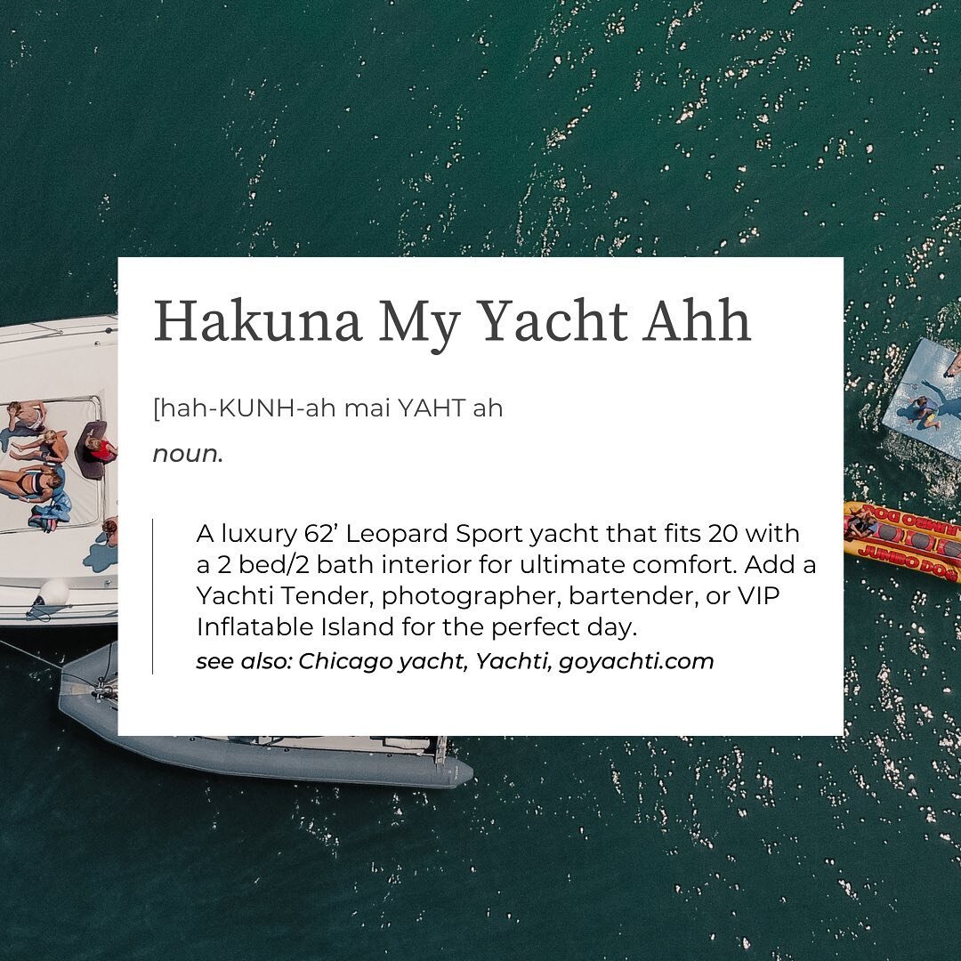 For your boating pleasure&hellip; introducing Hakuna My Yacht Ahh, our pride and joy. Book online or call us today to reserve your luxury charter 🛥

pc: @aidan.kranz 

#boats #boat #yachting #yachtlife #chicago #boating #lifestyle #lakemichigan #chi