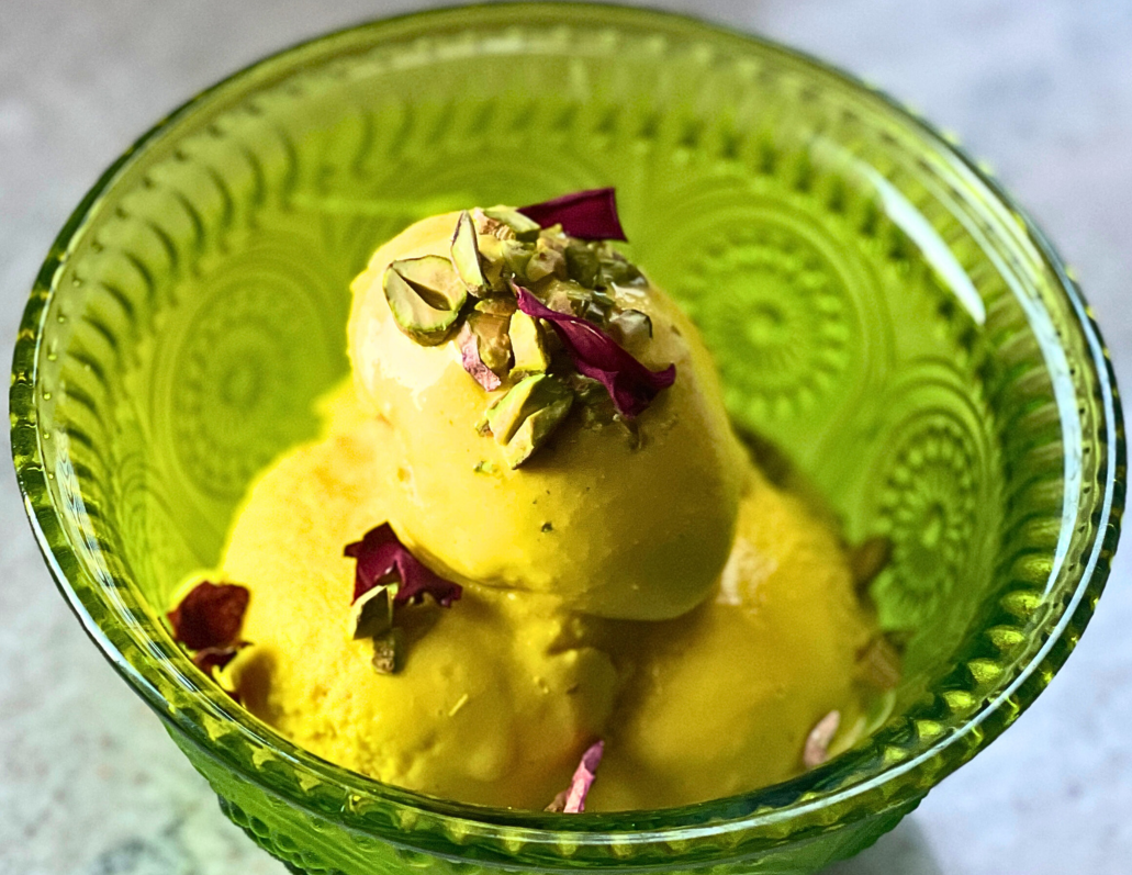 Saffron Ice Cream with Pistachios &amp; Roses (sugar-free)