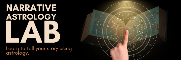 huan ginger pointed at astrology wheel with faded open book. Text says Narrative Astrology Lab. Learn to tell your story using astrology.