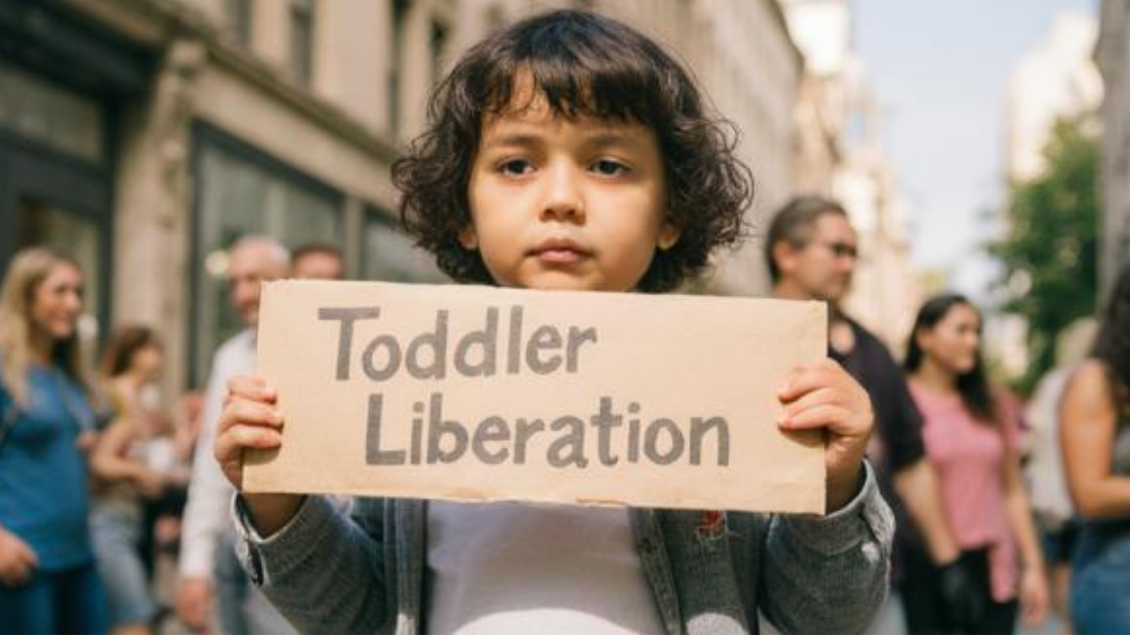 a toddler holds up a sign that says toddler liberation