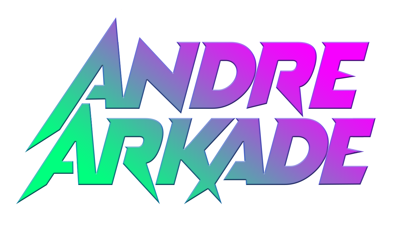 3D neon-style text that says "André Arcade" in vibrant purple, pink, blue, and green colors with a shadow effect.