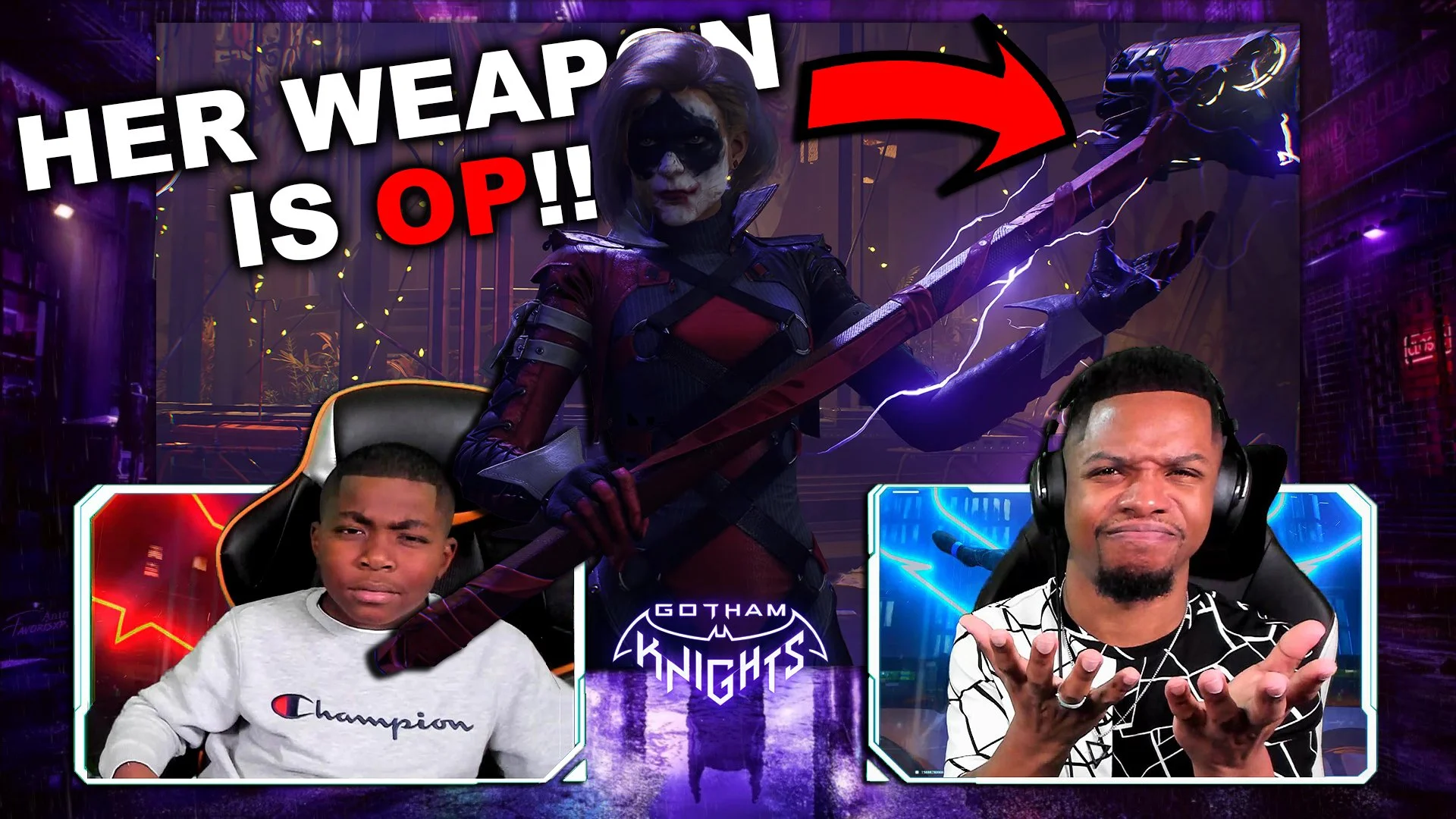 Thumbnail for a video featuring a person dressed as Harley Quinn holding a staff with lightning, with two men reacting below; the text reads "Her Weapon Is OP!!" and the logo for Gotham Knights is in the background.